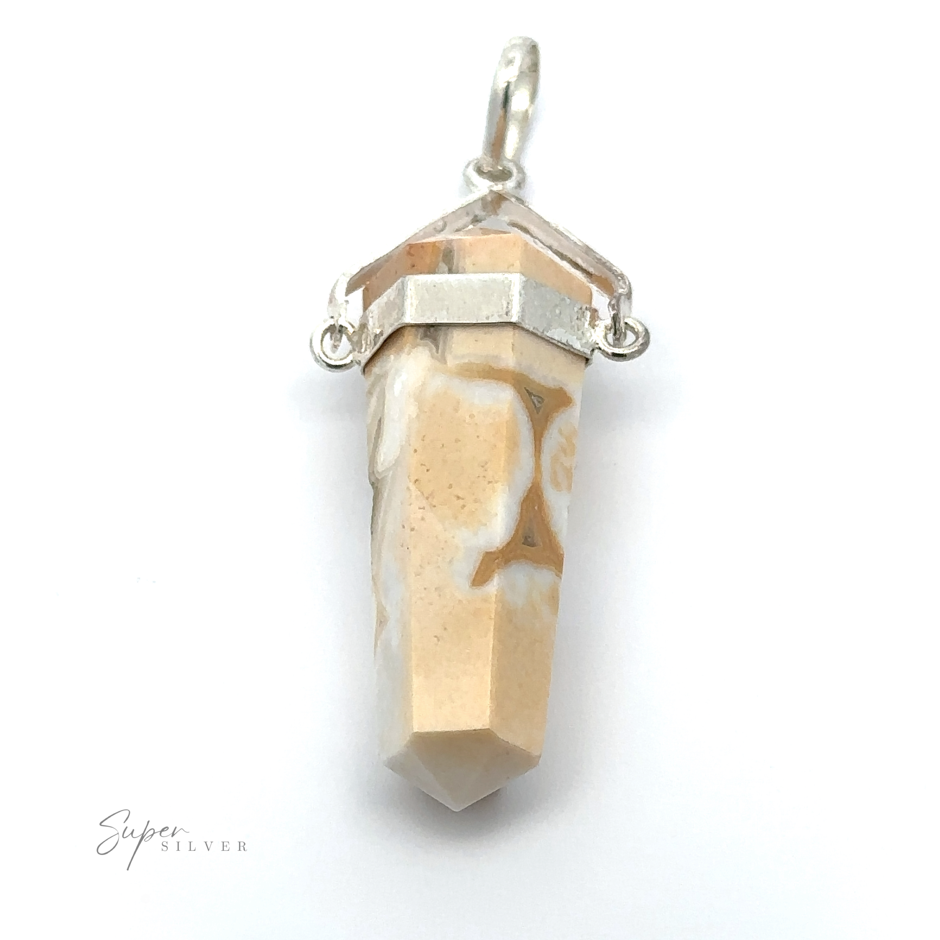 Raw Stone Swivel Pendant featuring a hexagonal beige and white raw stone obelisk with silver-colored metal accents and a loop for a chain.