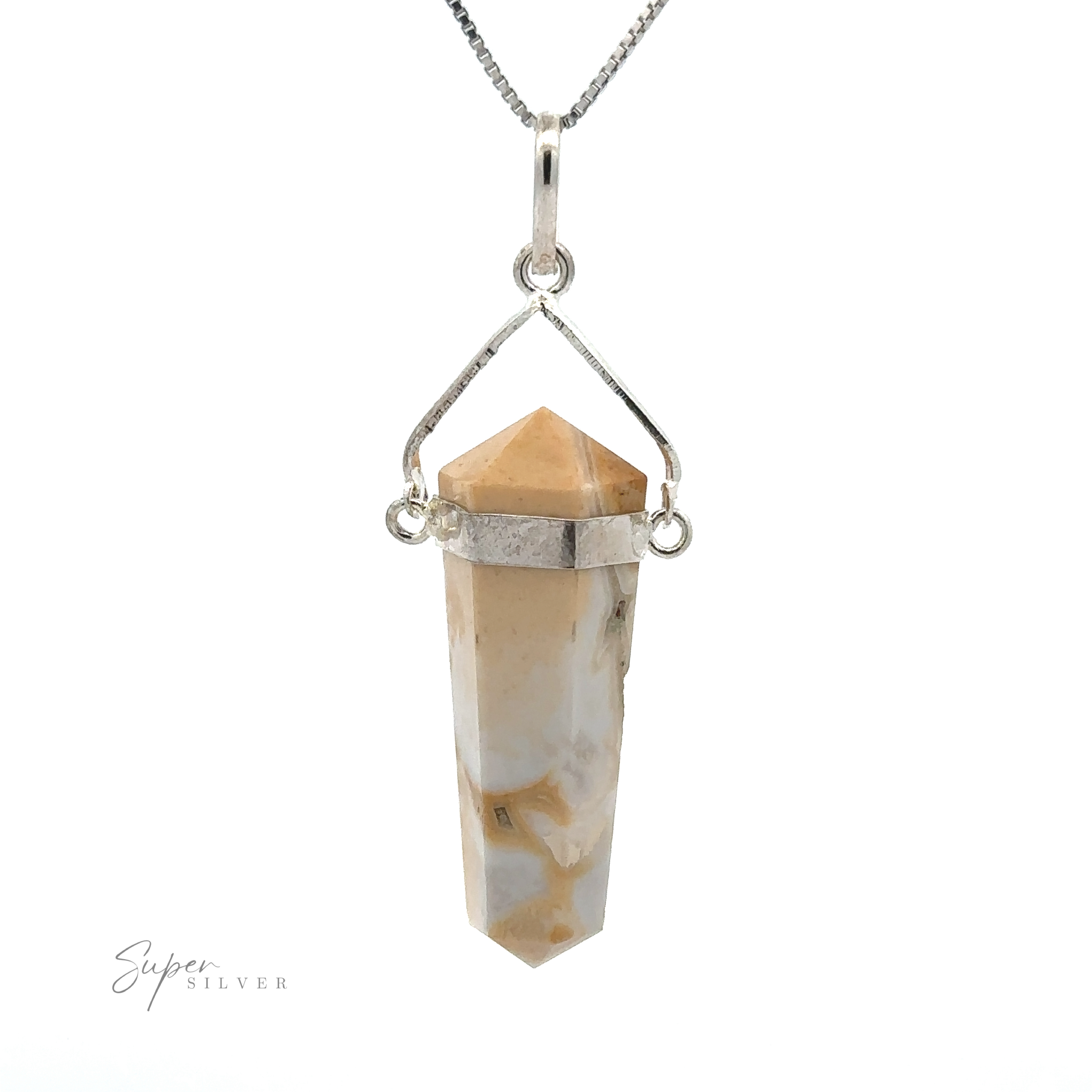 A Raw Stone Swivel Pendant featuring a raw stone obelisk in brown and white crystal, suspended by a silver-plated setting and hanging from a silver chain. "Super Silver" is written in the lower left corner.
