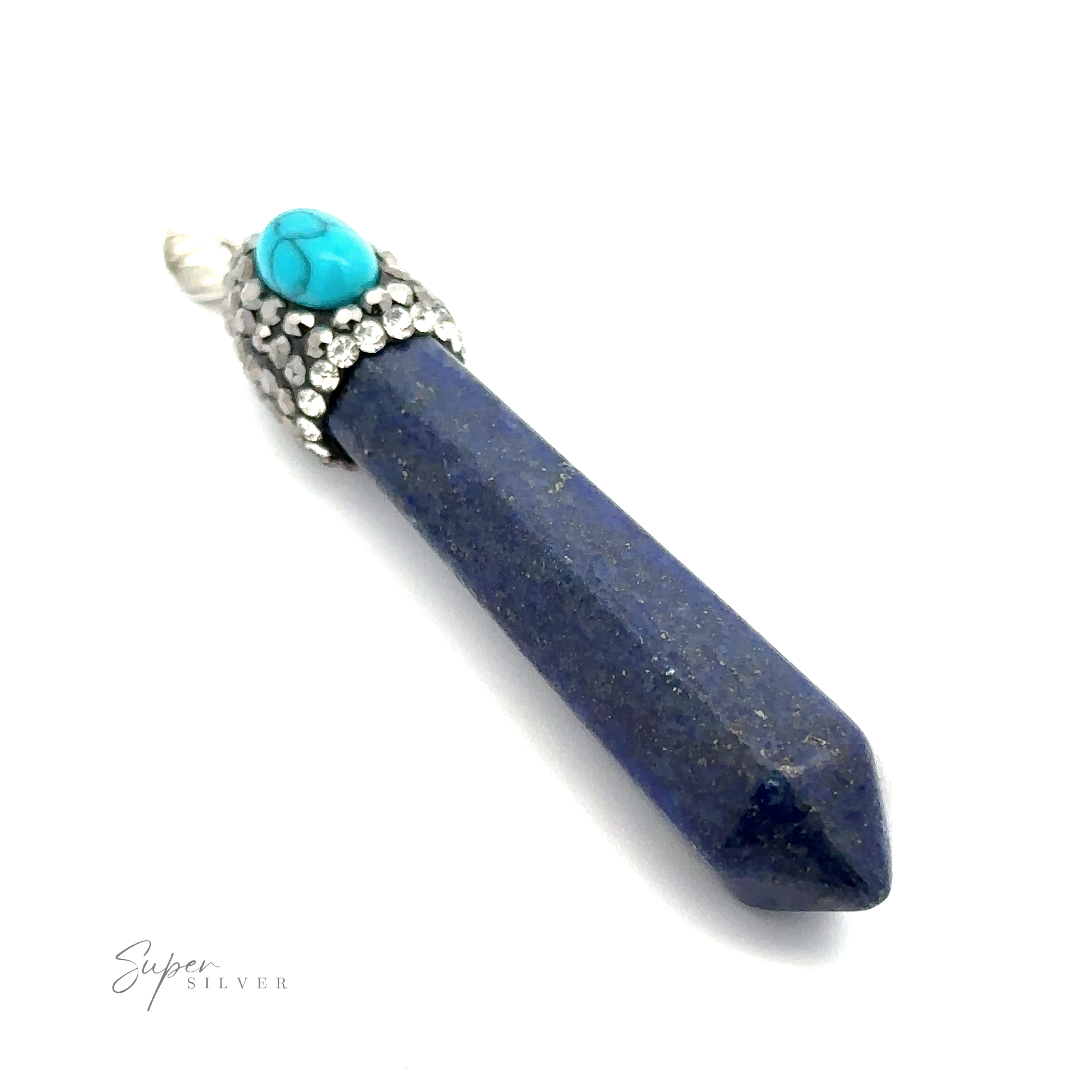 A pendant featuring a blue lapis lazuli point, adorned with a small turquoise stone and surrounded by silver and rhinestone accents, evokes a Stone Obelisk Pendant against a white background.