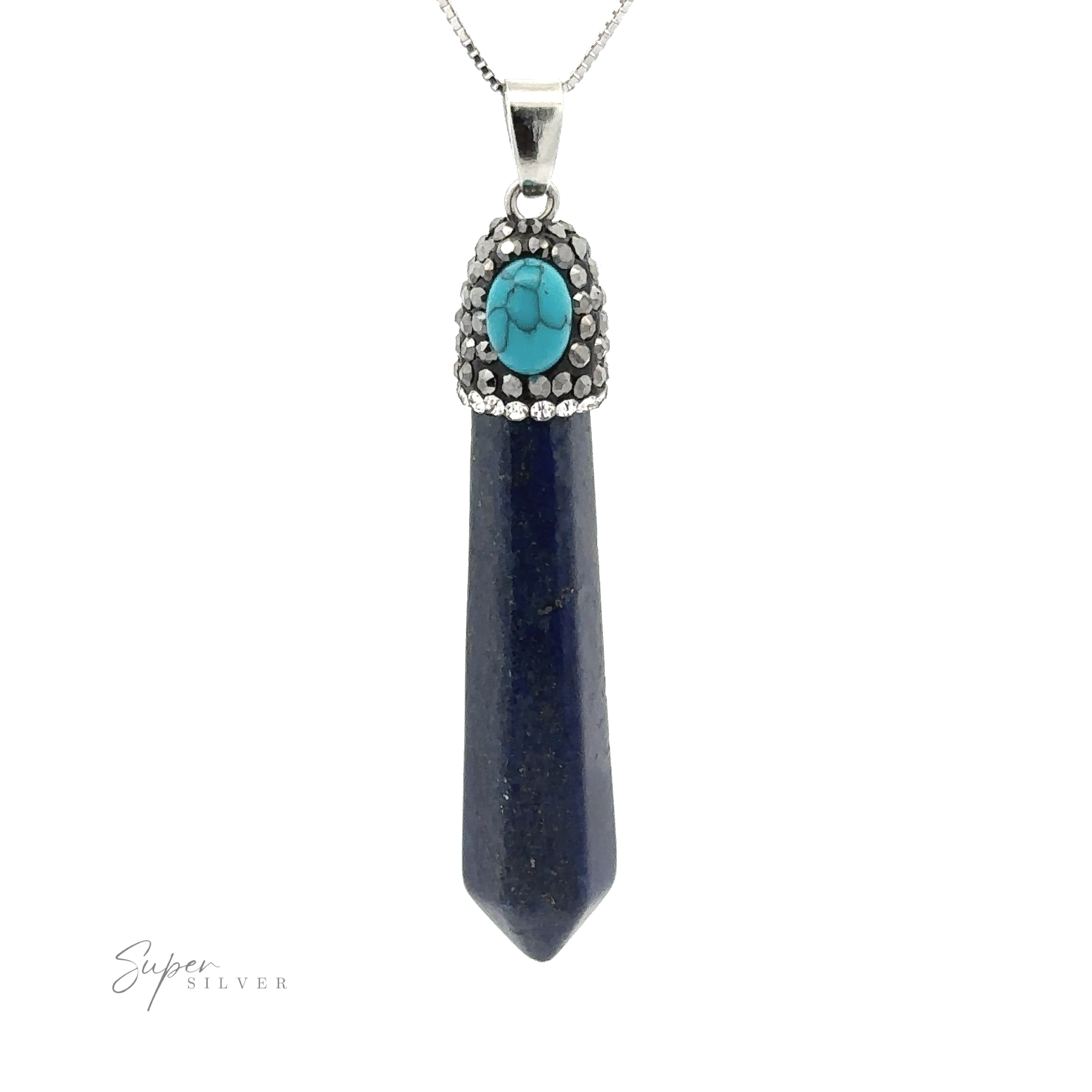 A silver chain necklace with a Stone Obelisk Pendant featuring a blue rectangular stone and a turquoise accent at the top, surrounded by small decorative elements, incorporates intricate hematite beads for added elegance.