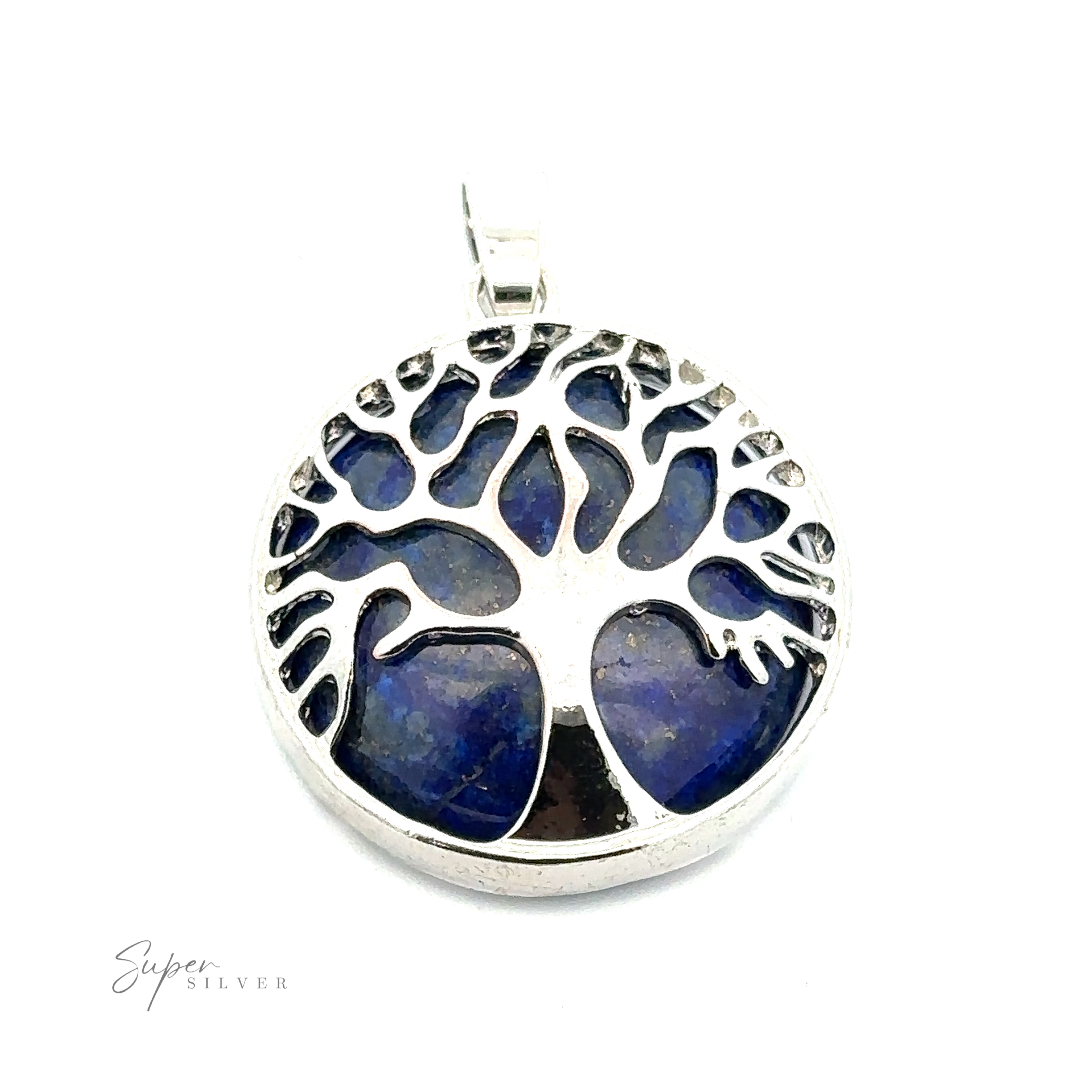 Tree of Life Pendant featuring a Tree of Life design with a blue gemstone in the background.