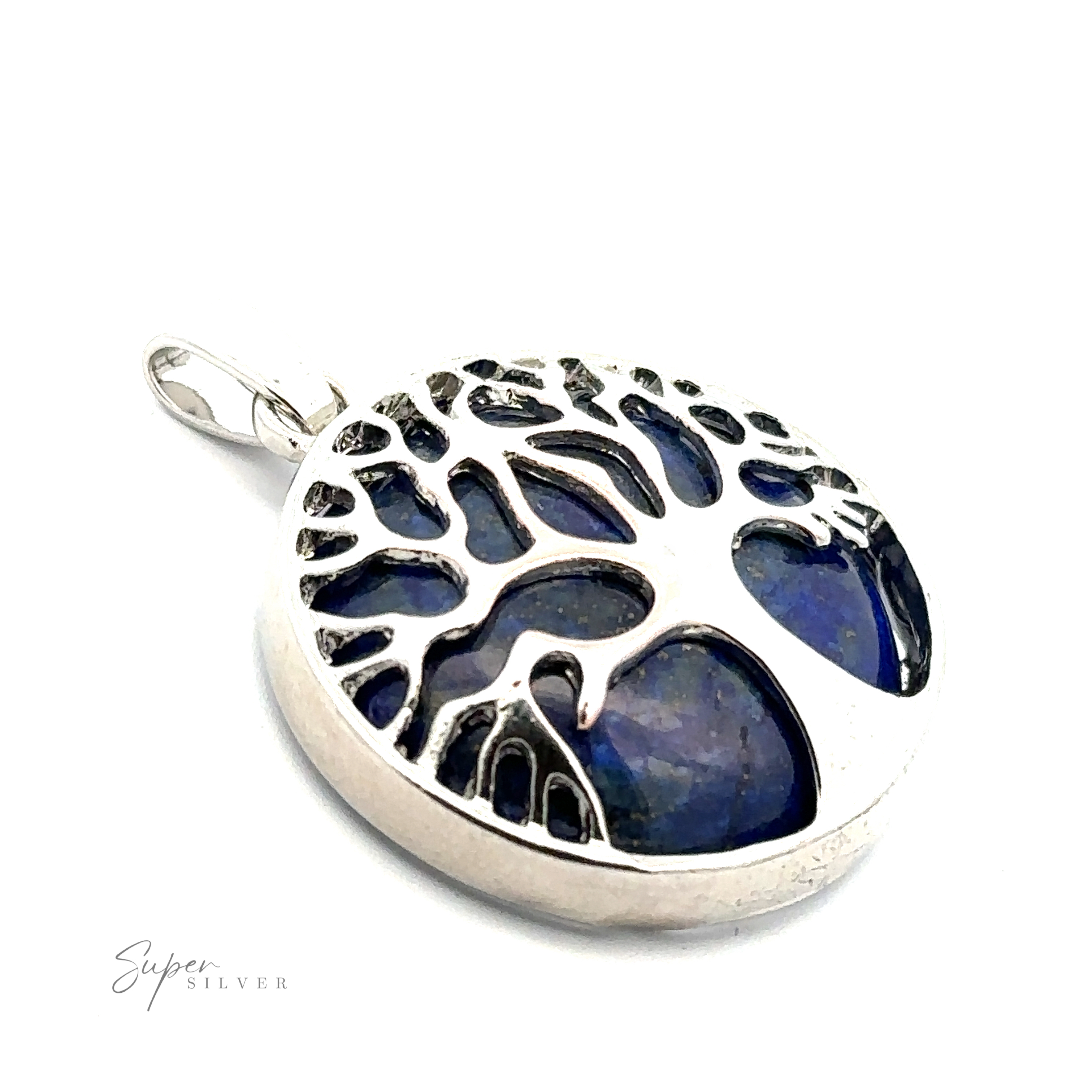 A silver-plated Tree of Life Pendant with a striking blue gemstone background, the brand name "Super Silver" is elegantly visible in the corner.