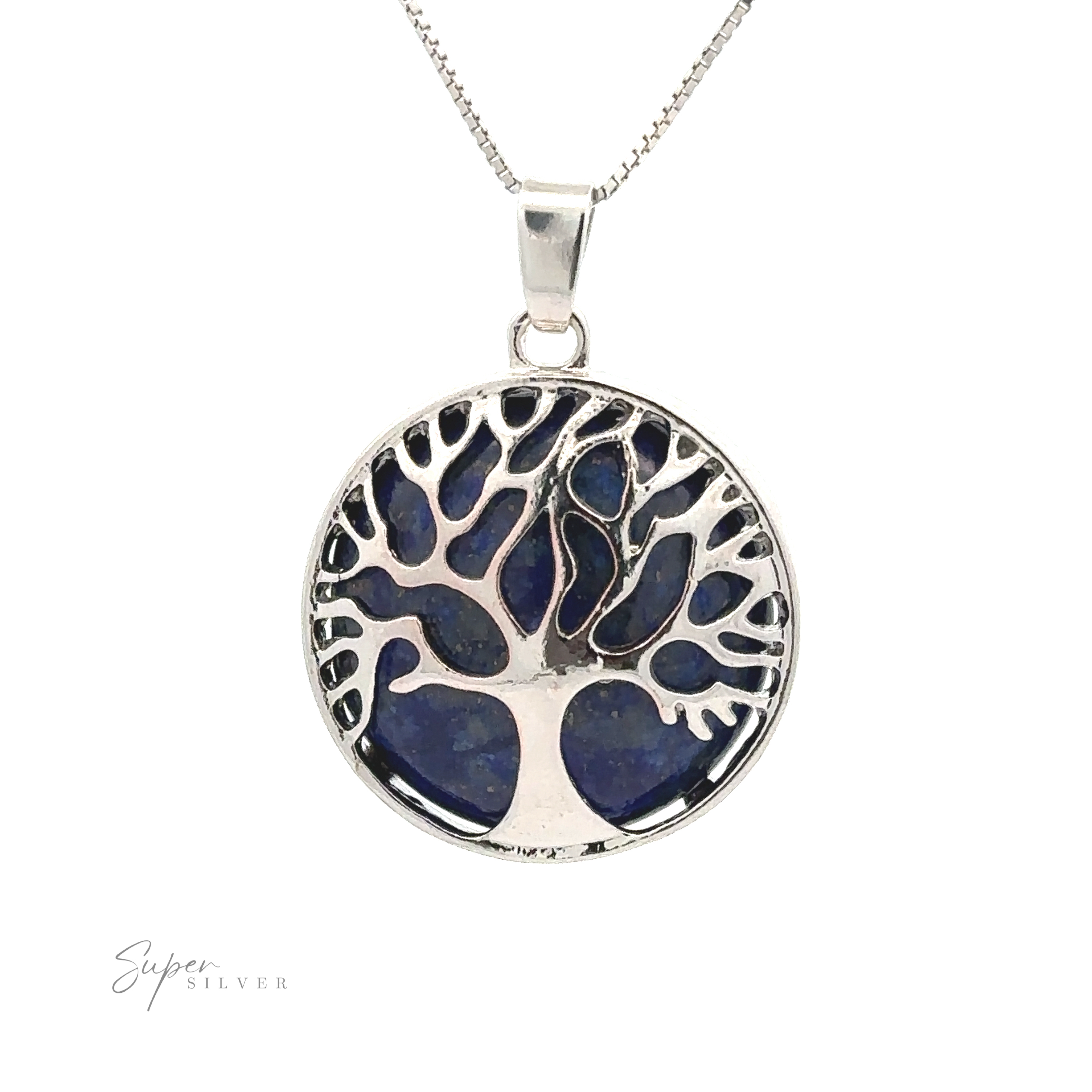 A silver-plated Tree of Life Pendant on a chain. The intricate tree design overlays a dark blue background within a circular frame. A small "Super Silver" logo sits in the corner, adding a touch of elegance.