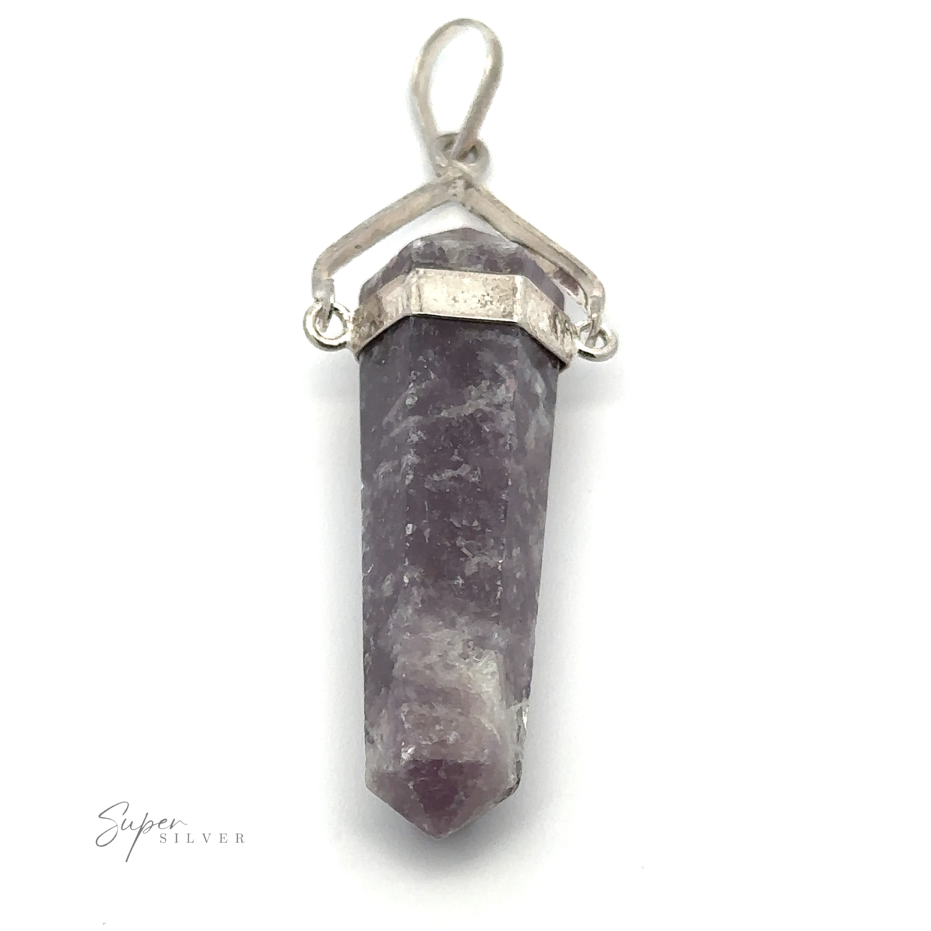 A Raw Stone Swivel Pendant featuring a raw stone obelisk of purple amethyst set in a silver-plated setting with a loop for a chain.