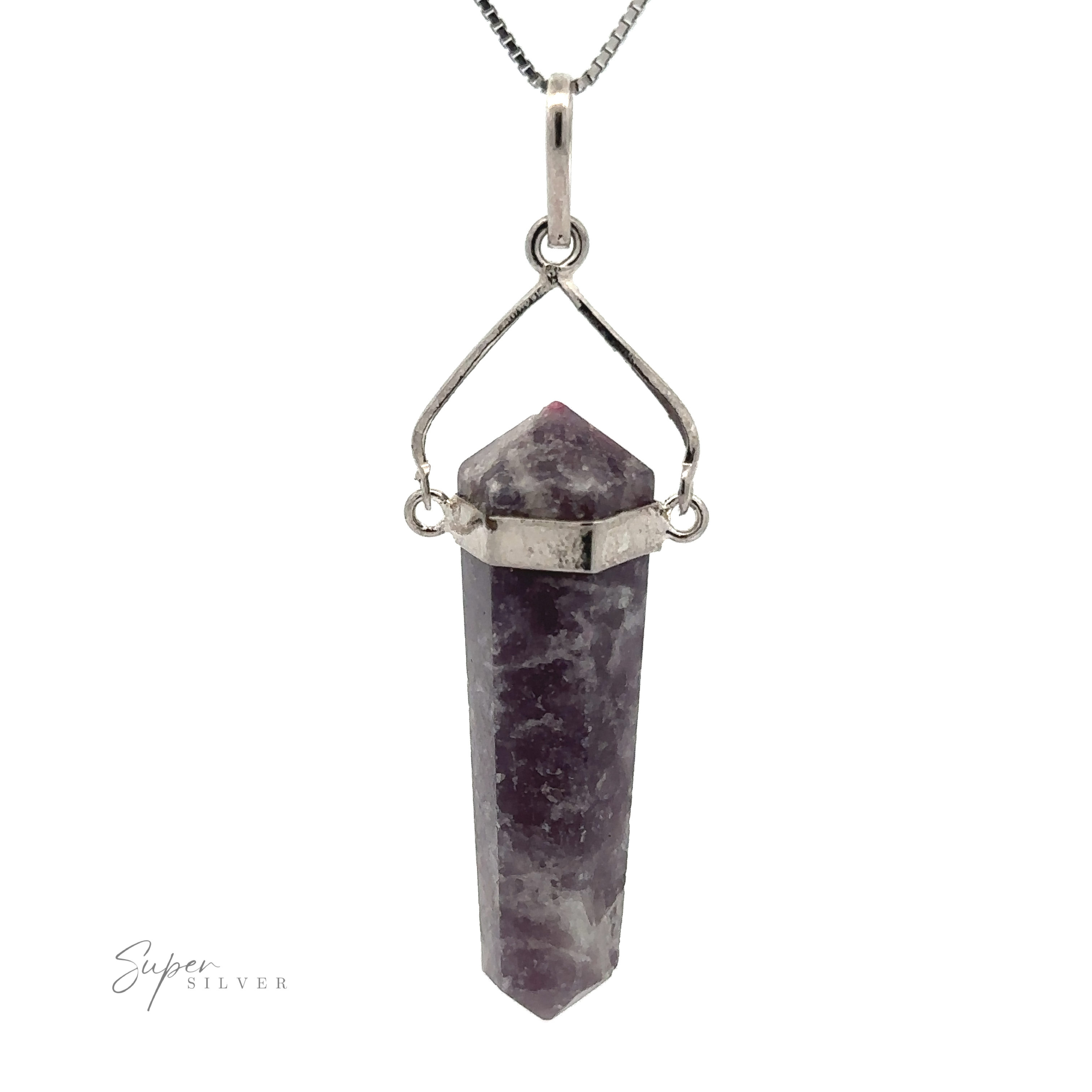 A Raw Stone Swivel Pendant with a hexagonal prism shape is elegantly mounted in a silver-plated setting. The pendant, resembling a raw stone obelisk, hangs from a delicate silver chain.