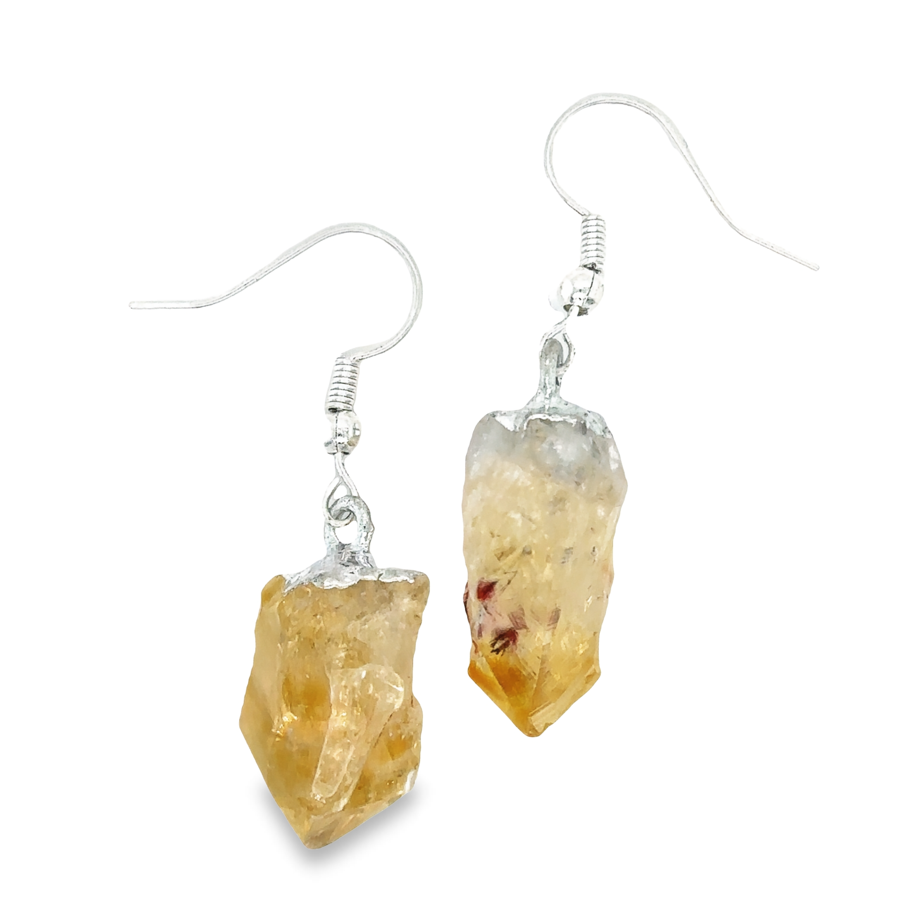 These Simple Raw Crystal Earrings from Super Silver feature raw yellow quartz crystals.