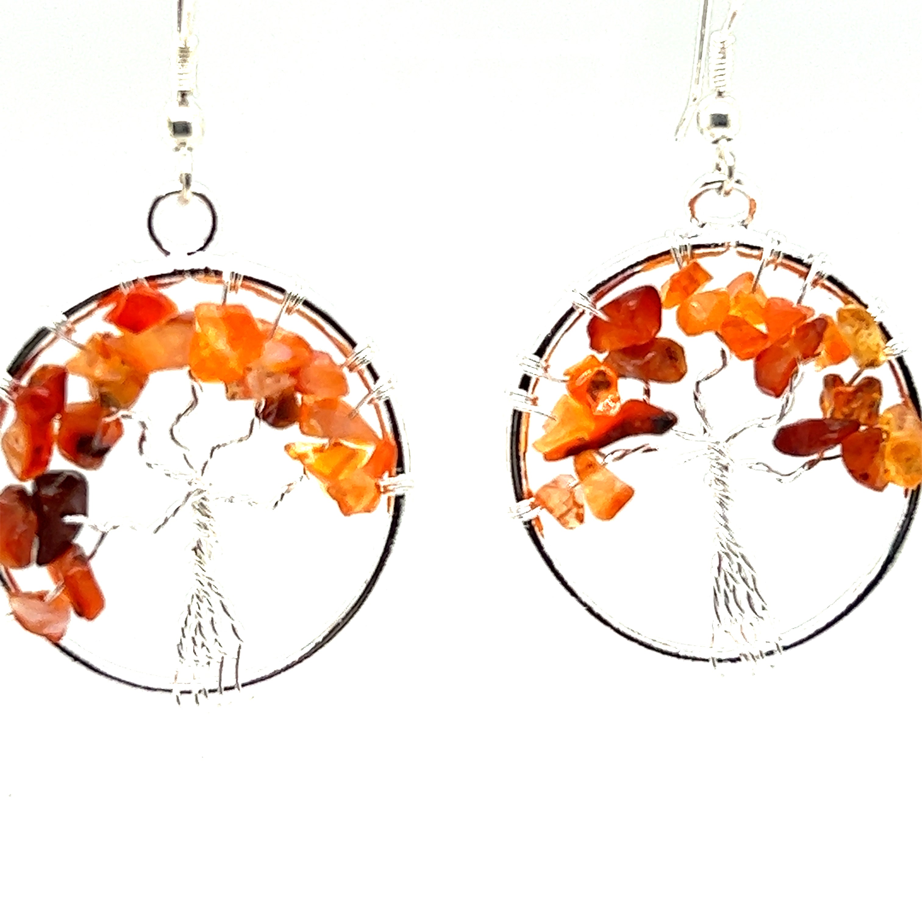 A pair of Super Silver Gemstone Tree Earrings with orange gemstones in the shape of a Tree of Life.