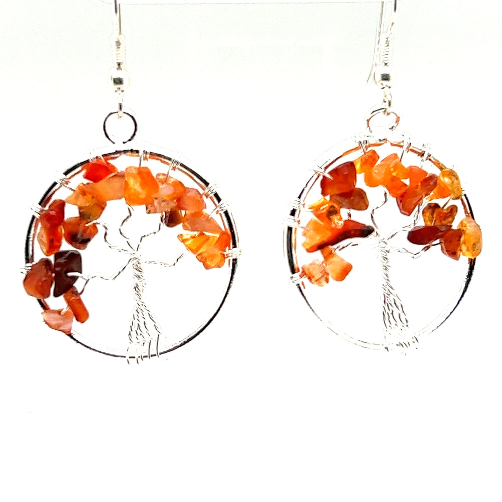 
                  
                    Super Silver Gemstone Tree Earrings featuring a Tree of Life design with the addition of gemstones on an orange tree motif.
                  
                