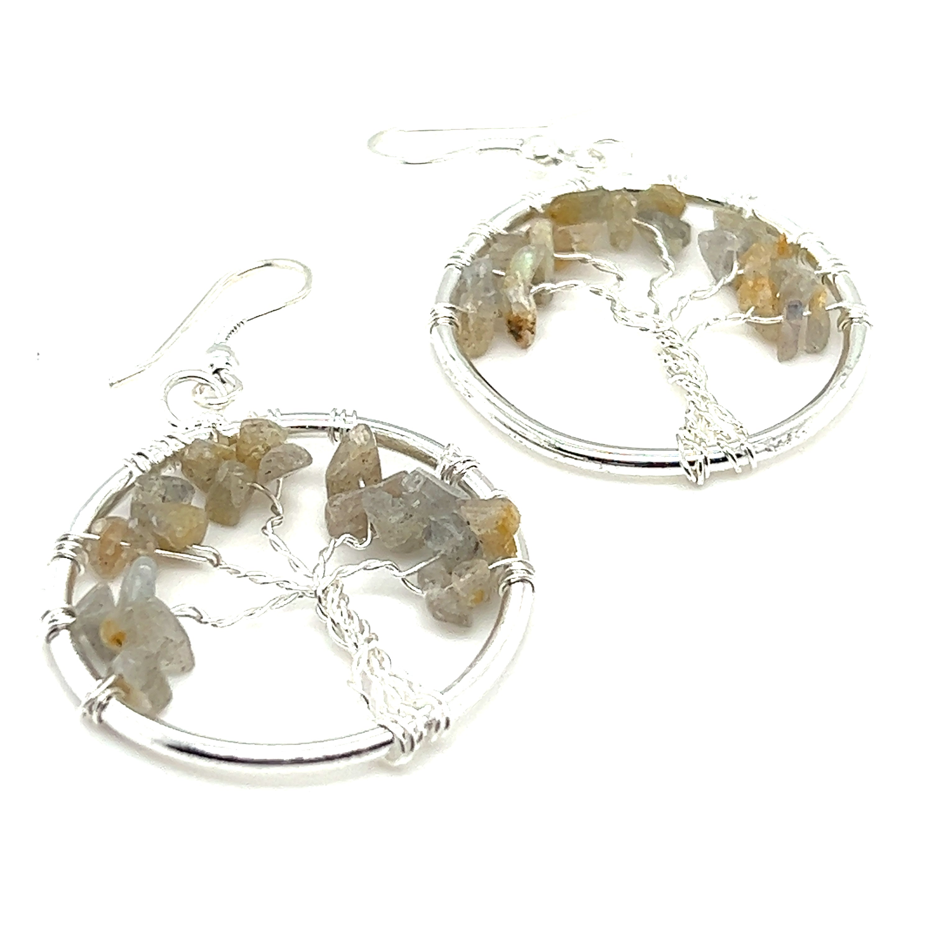 A pair of Super Silver Gemstone Tree Earrings adorned with a Tree of Life design and gemstones.
