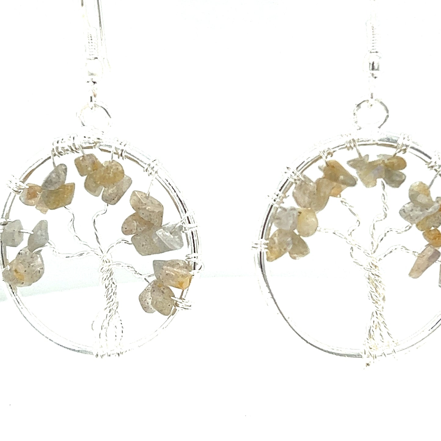 
                  
                    Super Silver's Labradorite Gemstone Tree of Life Dangle Earrings, wire wrapped with natural charm.
                  
                