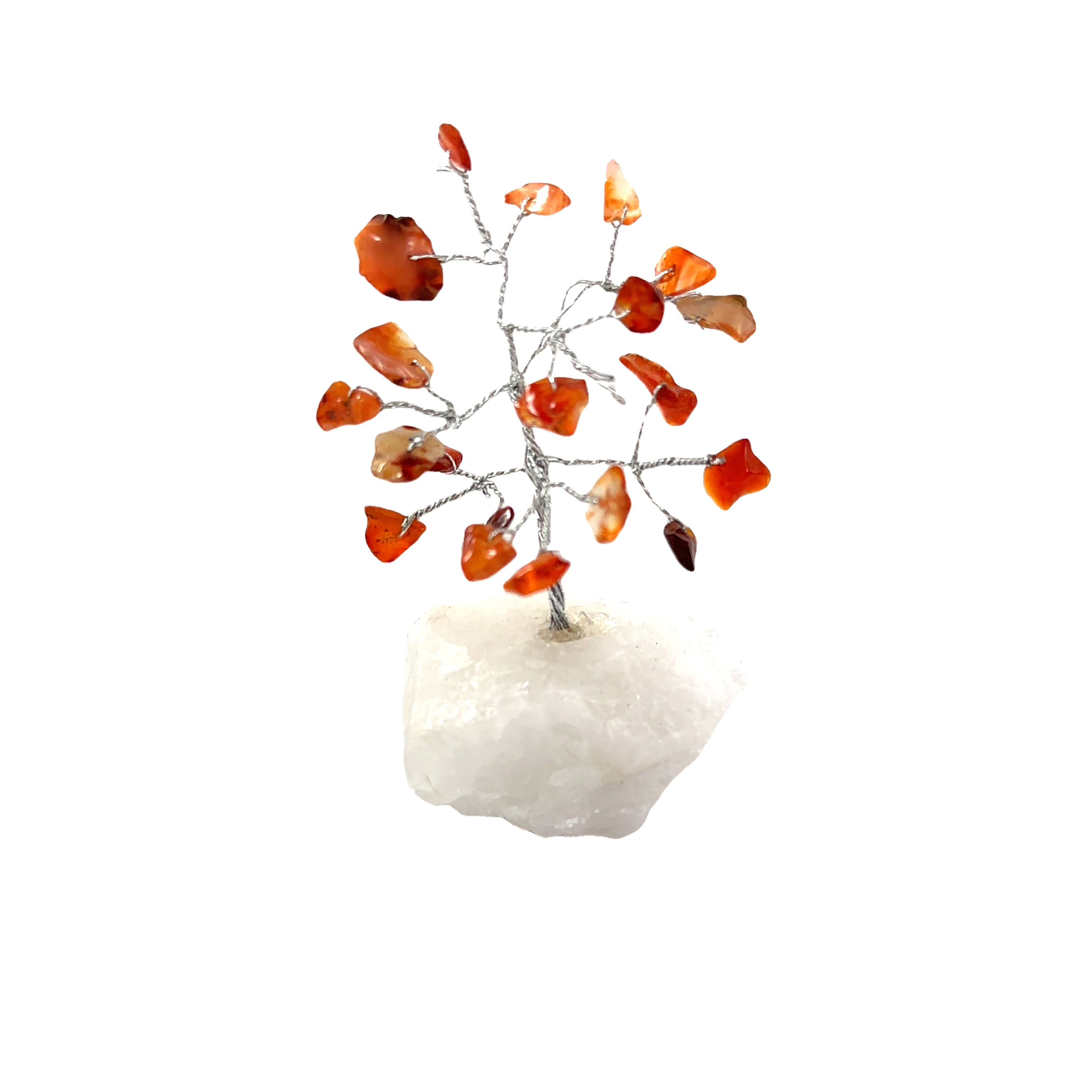 A Delicate Wire Tree with Gemstones adorned with orange gemstones on top of a white rock, perfect for home decor.