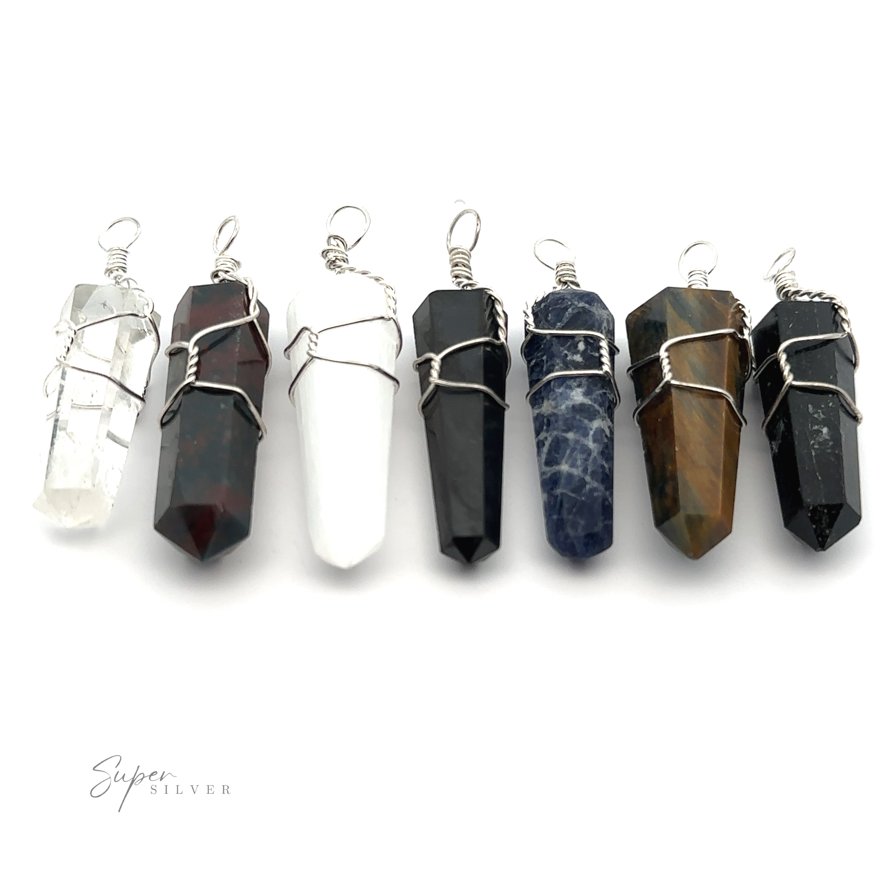 Seven Wire Wrapped Stone Pendants, featuring stones such as Bloodstone and Quartz, are arranged in a row on a white background.