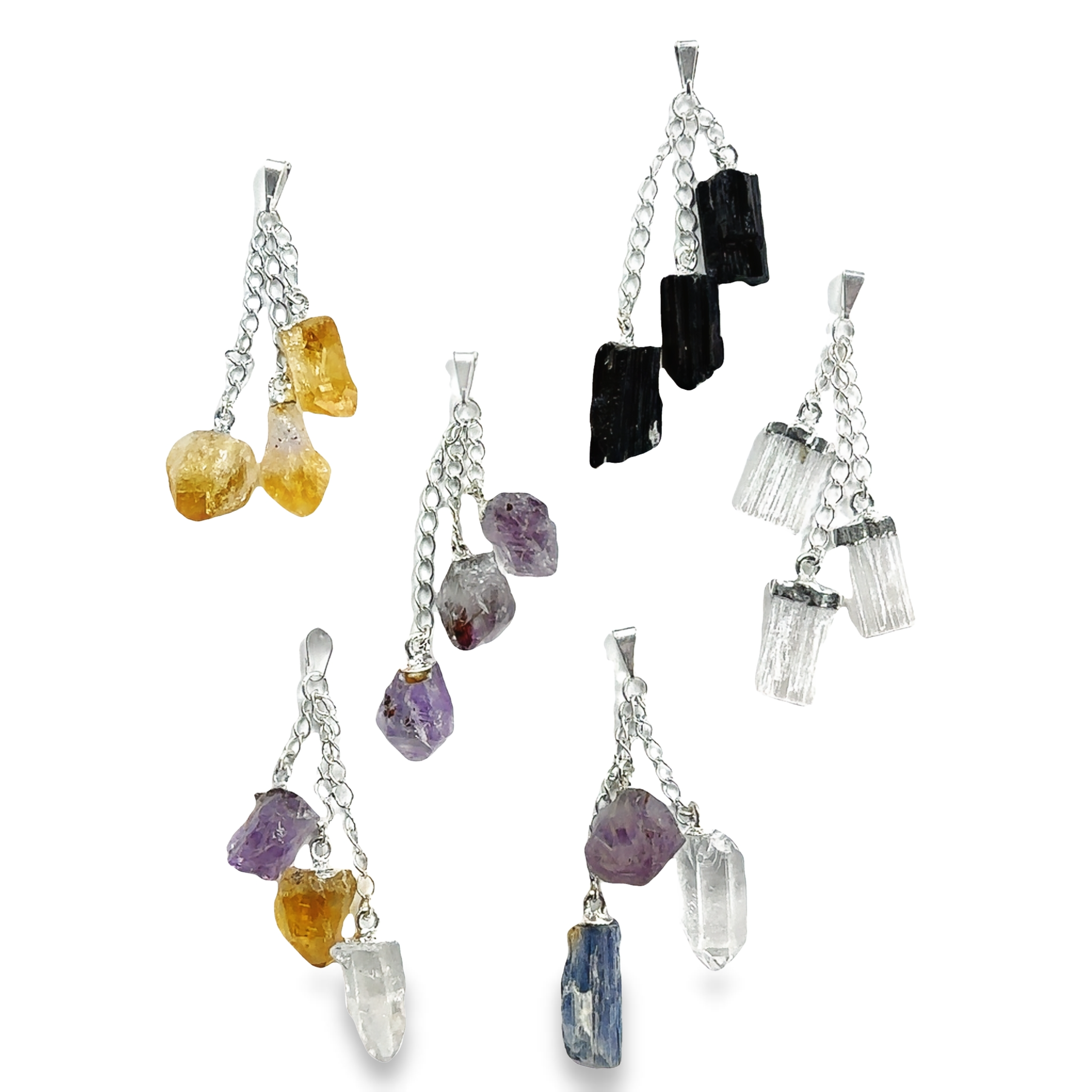 Triple Crystal Pendants with vibrant crystals in various hues adorning a collection of necklaces.