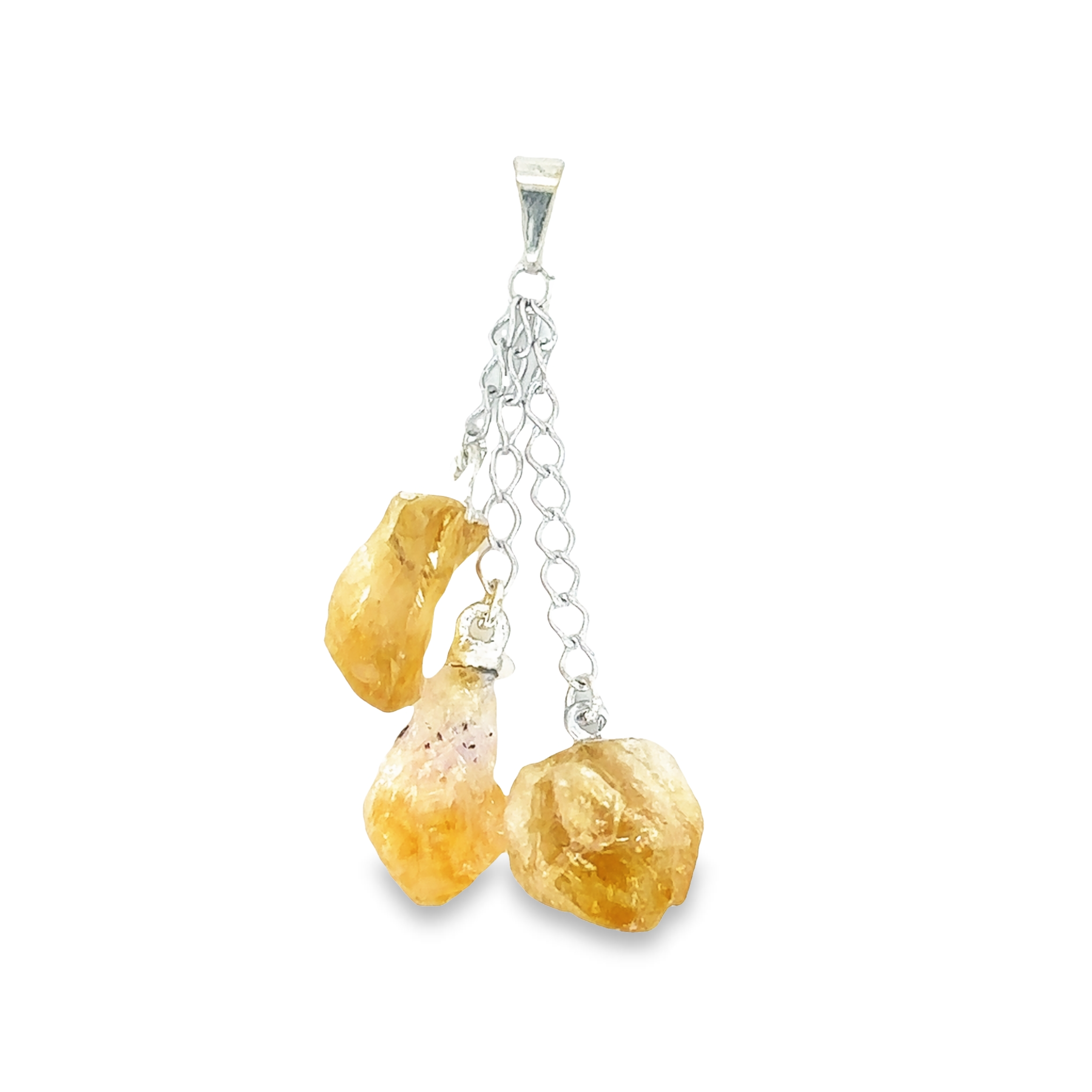 A Super Silver Triple Crystal Pendant with three yellow crystals hanging from it.