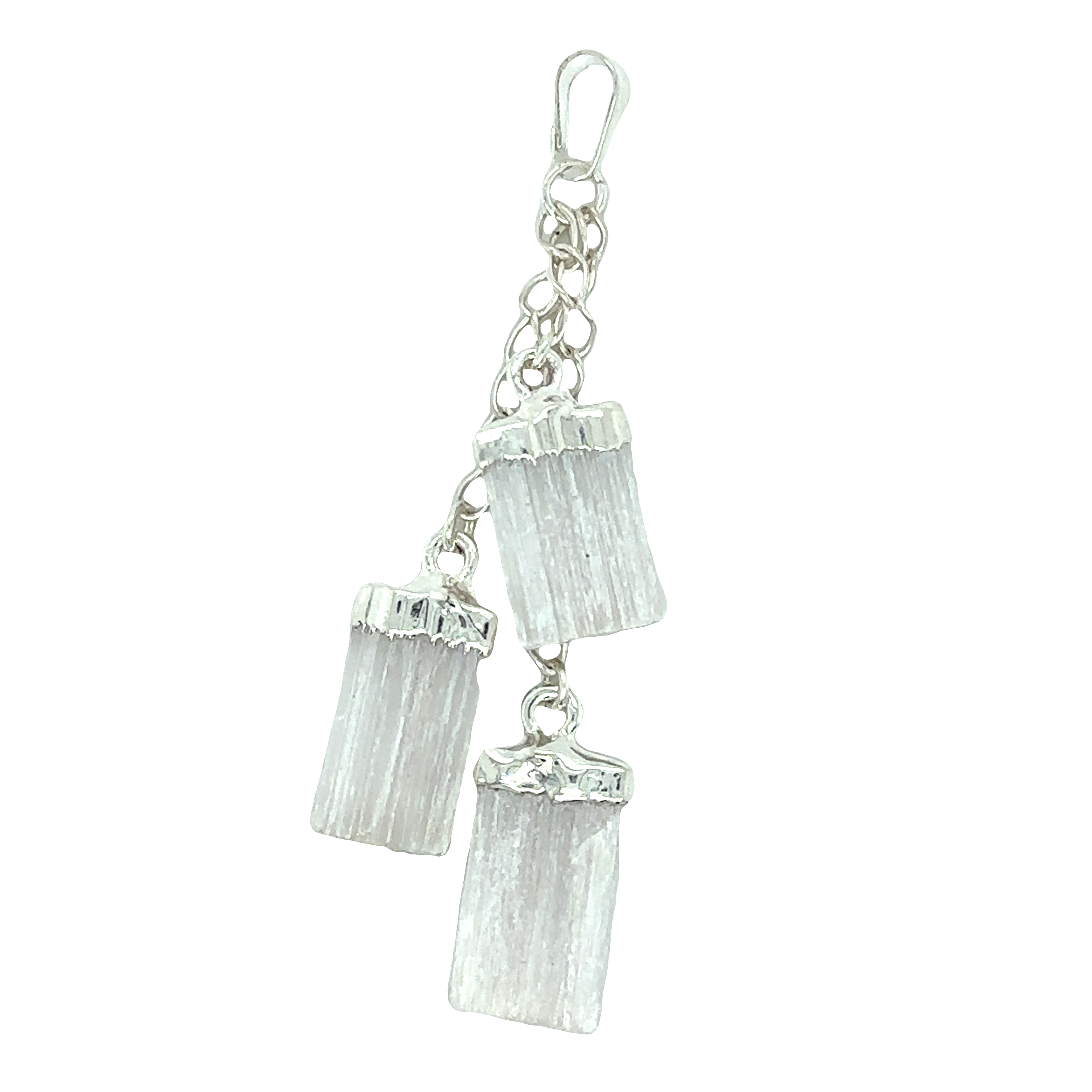 A Super Silver Triple Crystal Pendant featuring three white quartz crystals suspended delicately from a silver chain.