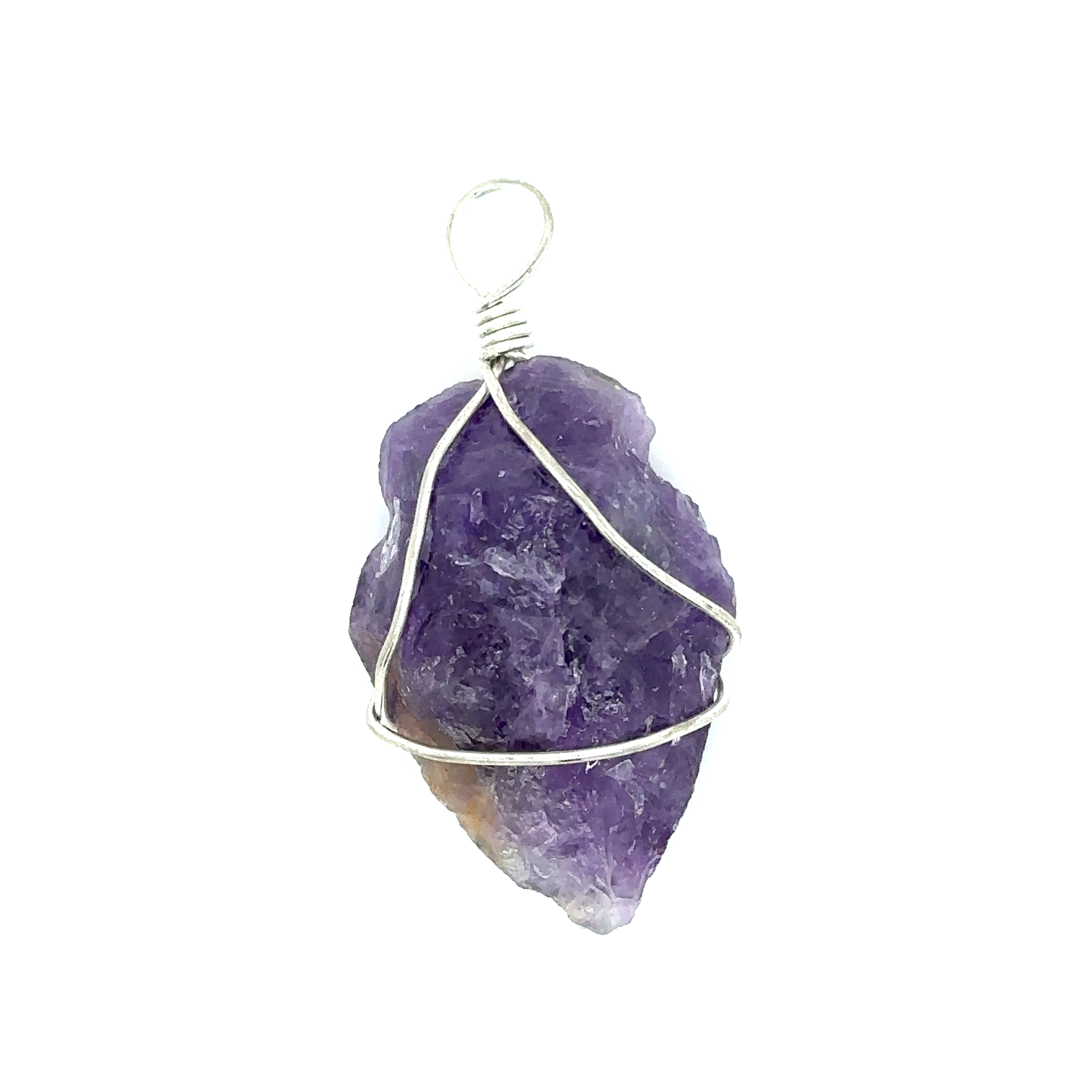 A stylish Super Silver wire-wrapped pendant featuring a symbolic purple amethyst stone from the Wire Wrapped Stone Arrowhead Pendants.