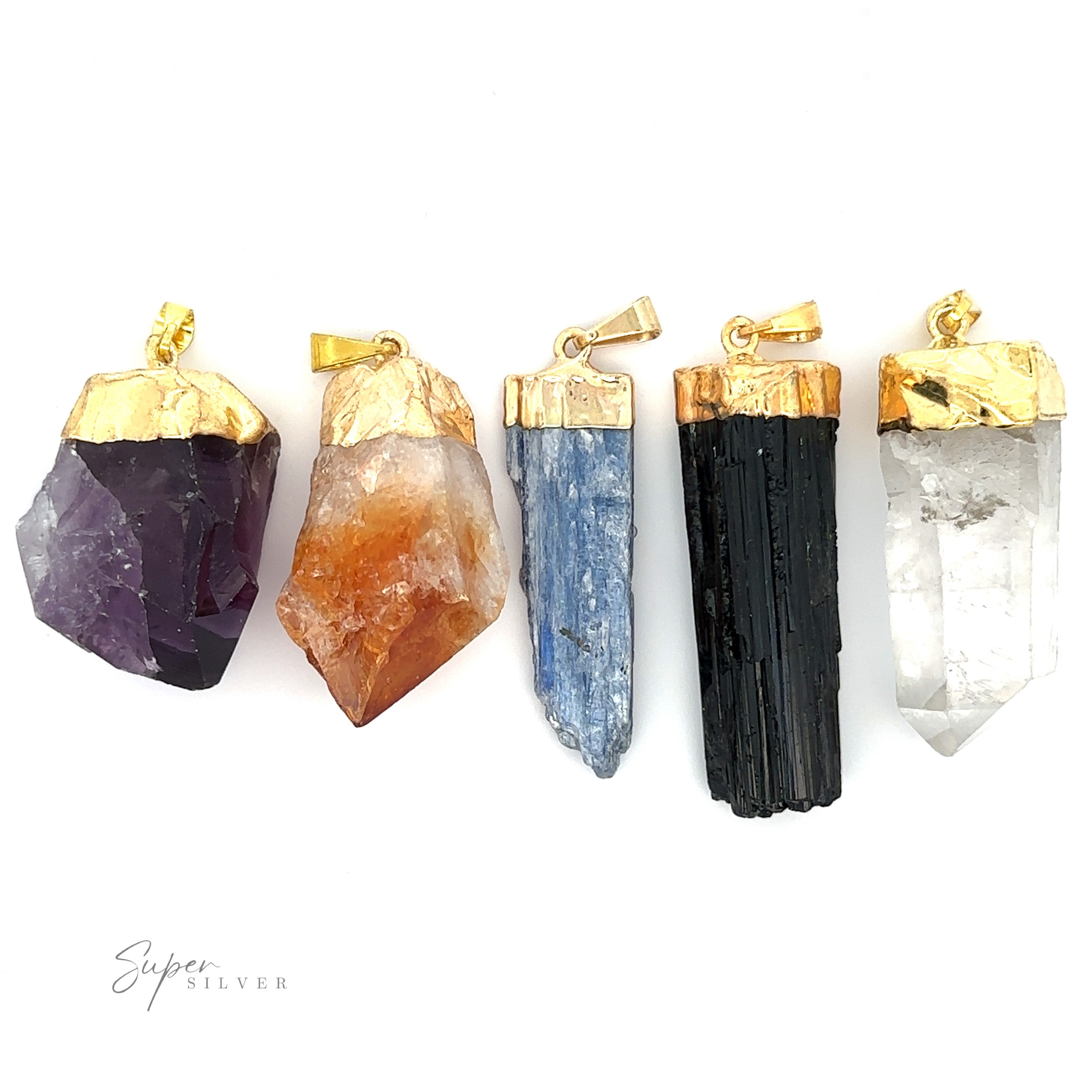 Five Raw Crystal Pendants With Gold Cap, featuring Natural Gemstone pendants in purple, orange, blue, black, and clear, arranged in a row against a white background.