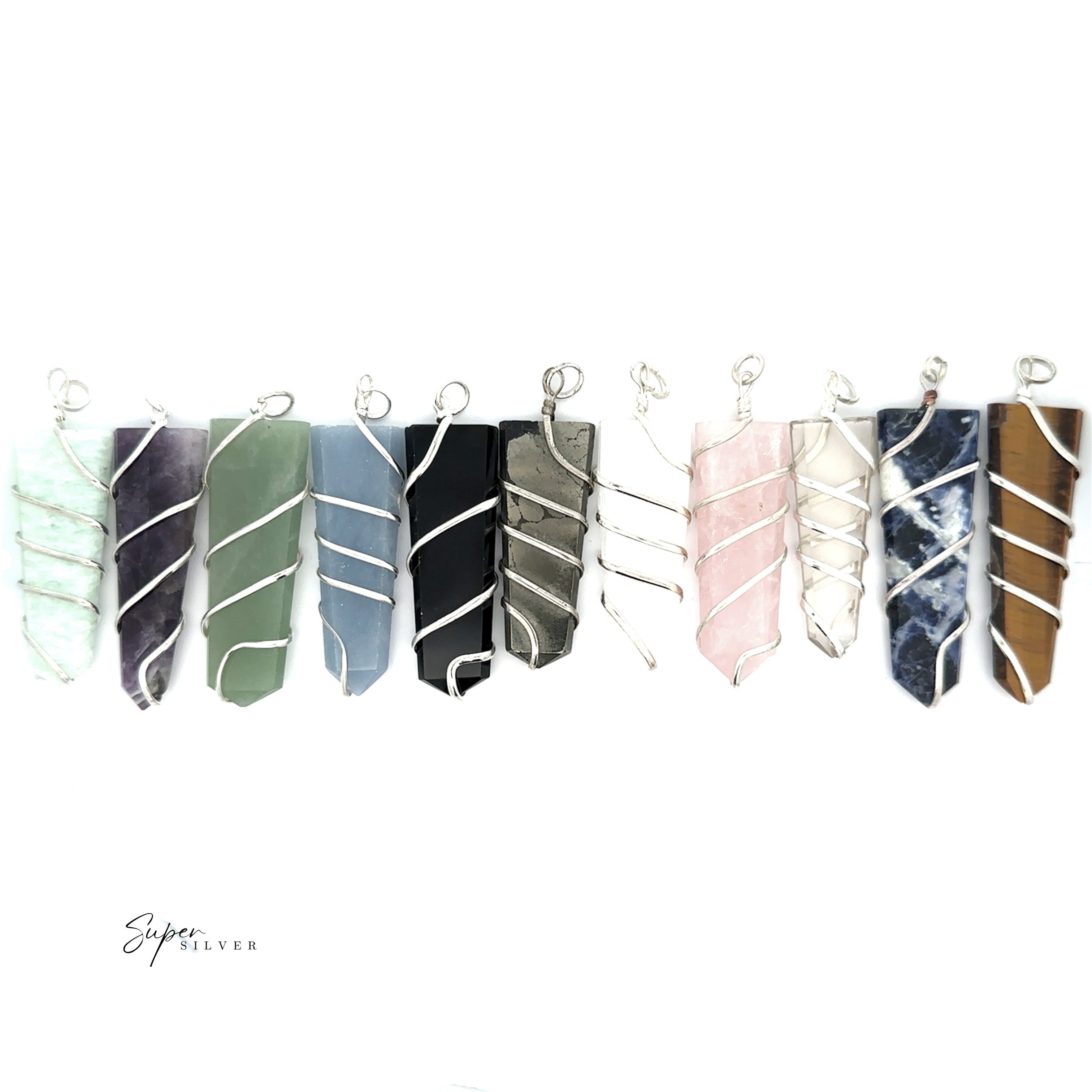 Nine Wire Wrapped Slab Pendants in assorted colors, each crafted with silver and mixed metals, are displayed in a row on a white background.