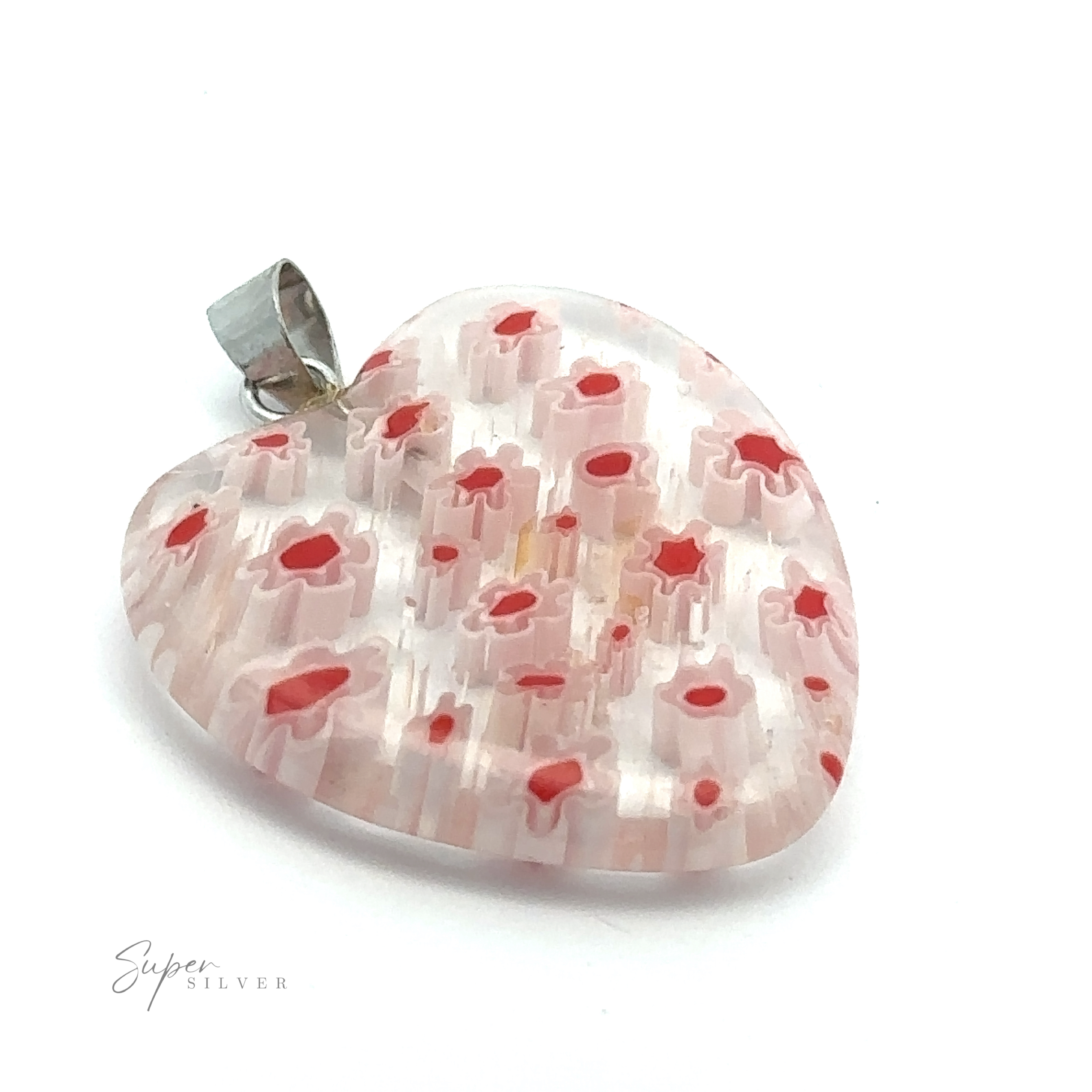 A Heart Pendant with Flower Pattern with a metal loop, featuring a translucent design with embedded red star patterns.