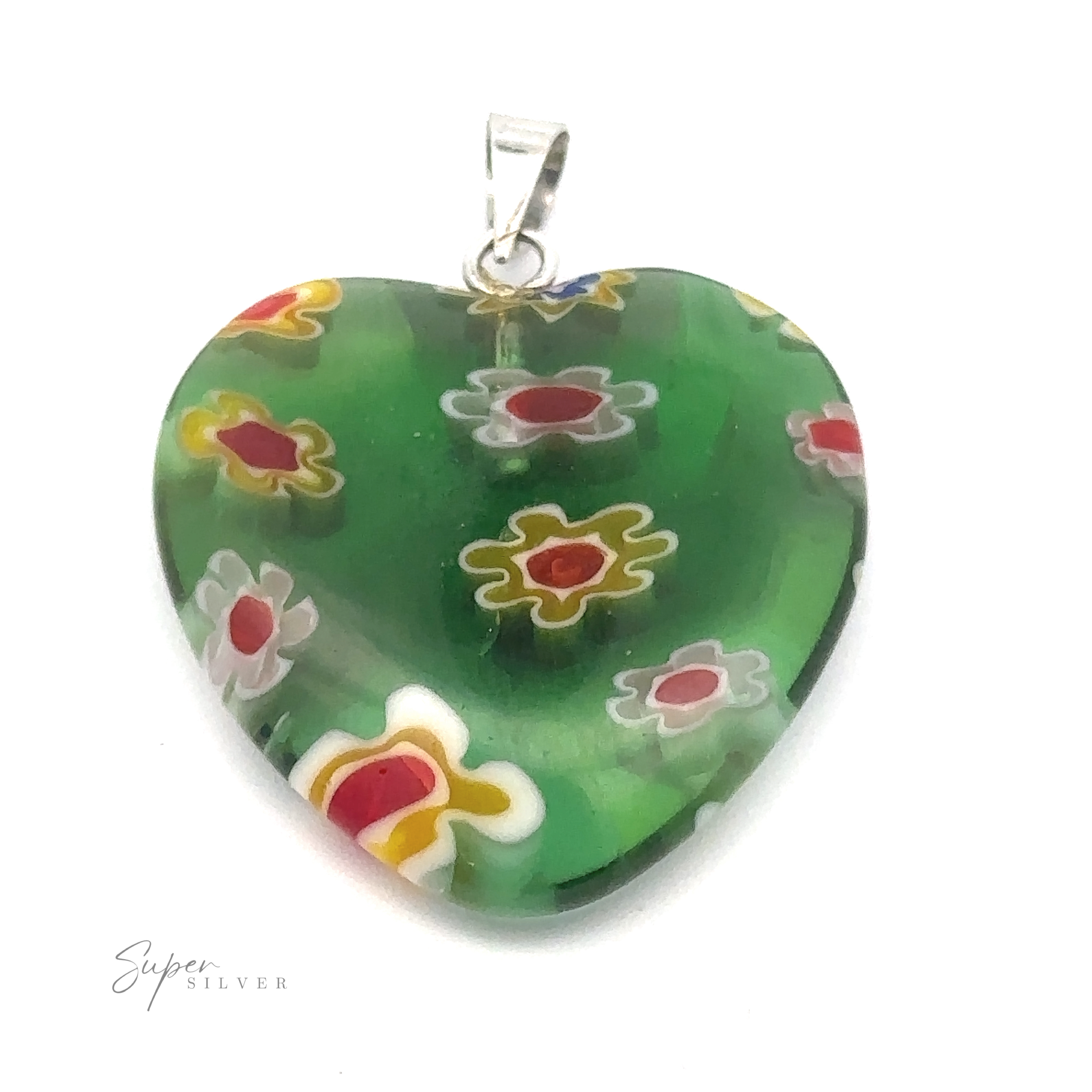 A Heart Pendant with Flower Pattern featuring a silver bail for attaching to a chain.