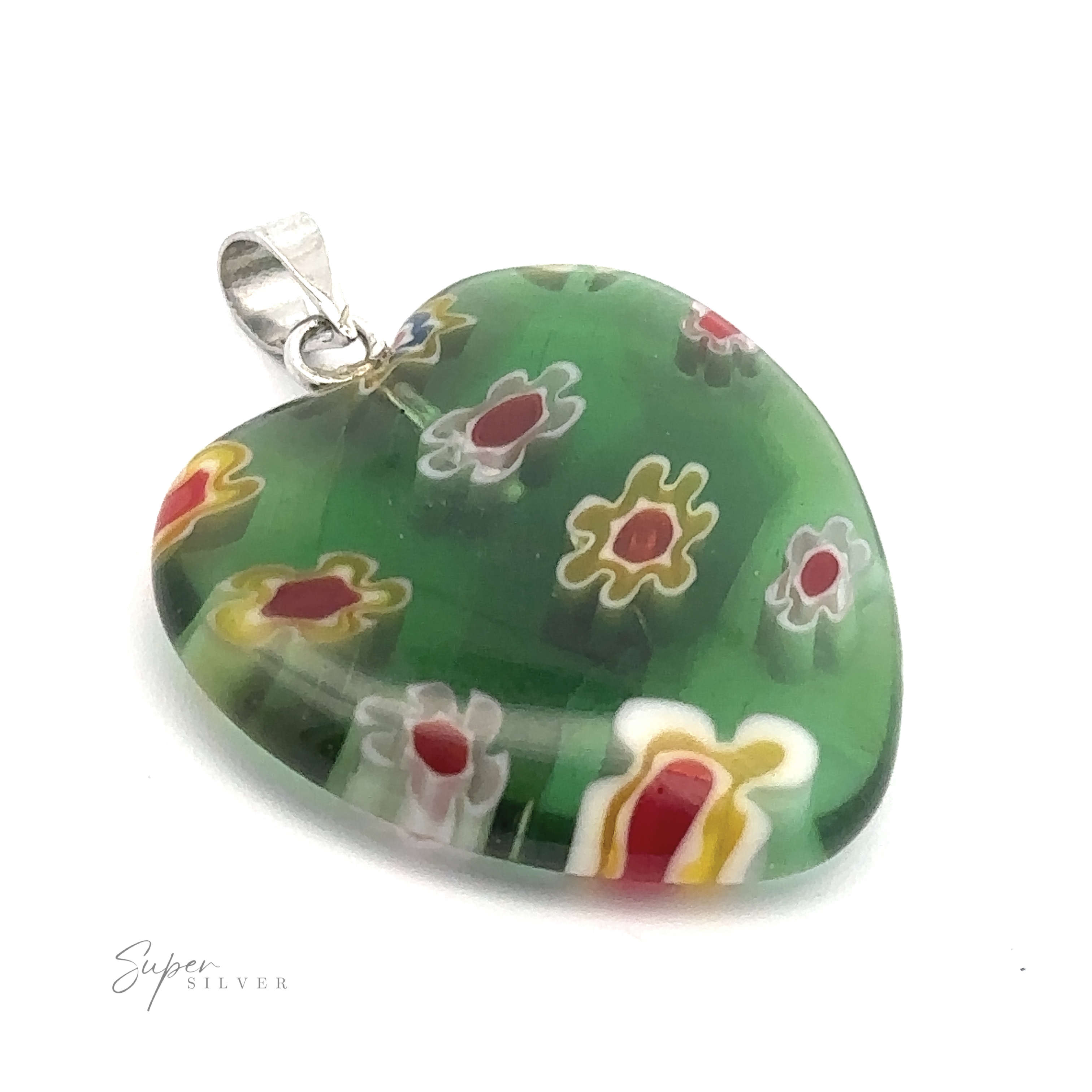 A Heart Pendant with Flower Pattern featuring a green background and colorful flower patterns, attached to a silver bail. The words "Super Silver" are visible at the bottom left, adding a touch of charm to this translucent resin accessory.