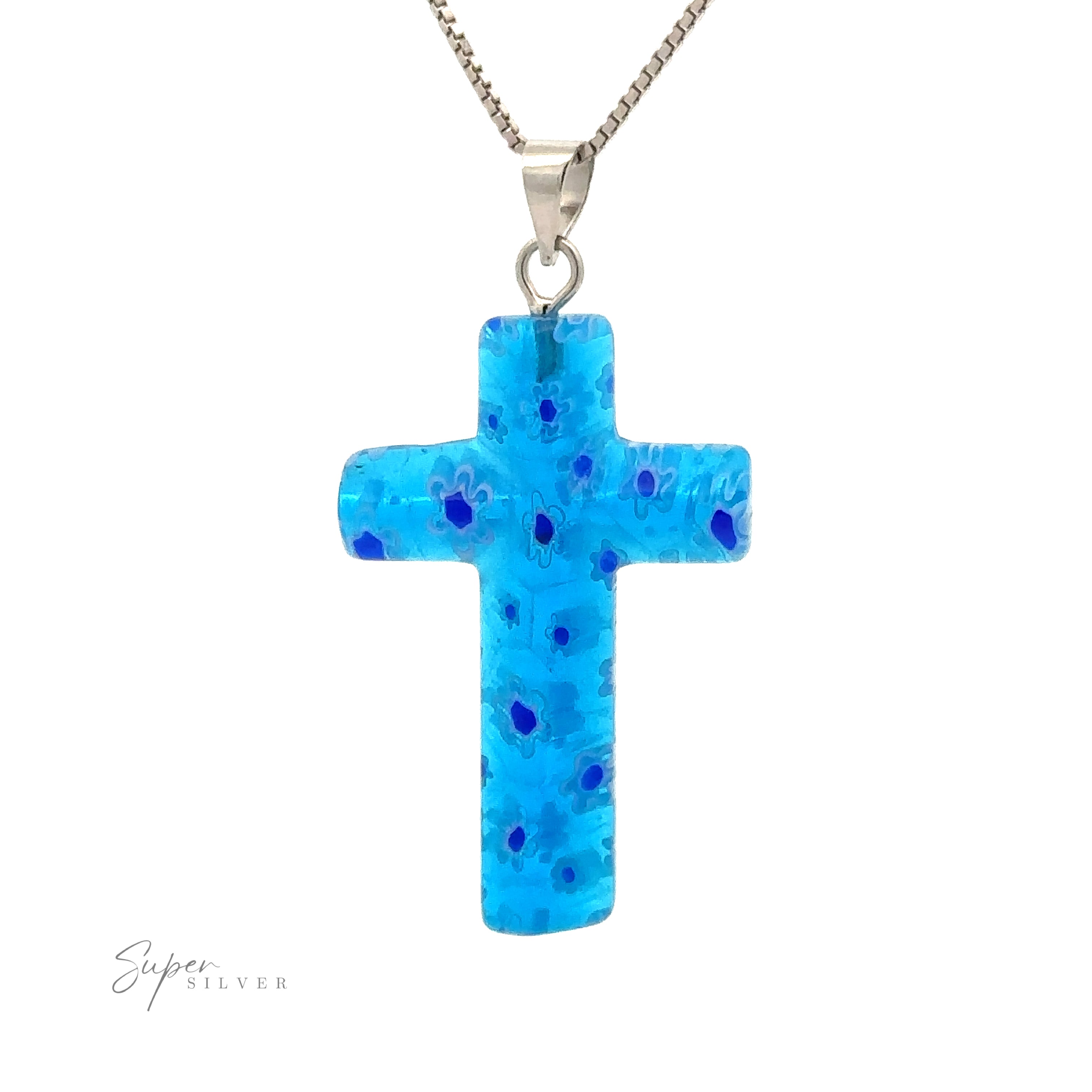 A Cross Pendant with Flower Pattern on a silver chain. The text "Super Silver" is visible at the bottom left.