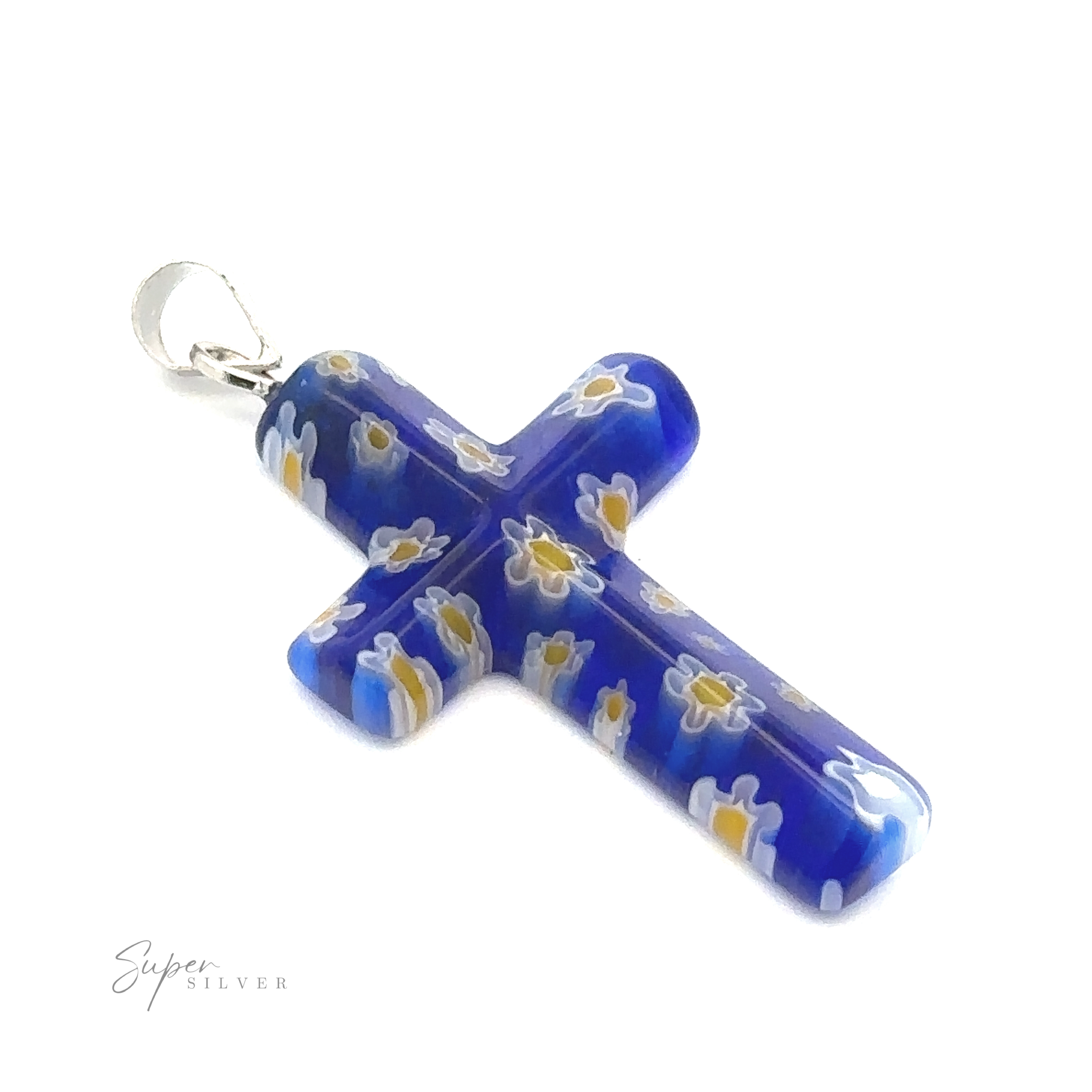 A Cross Pendant with Flower Pattern, featuring a small metal loop at the top for attaching to a chain.