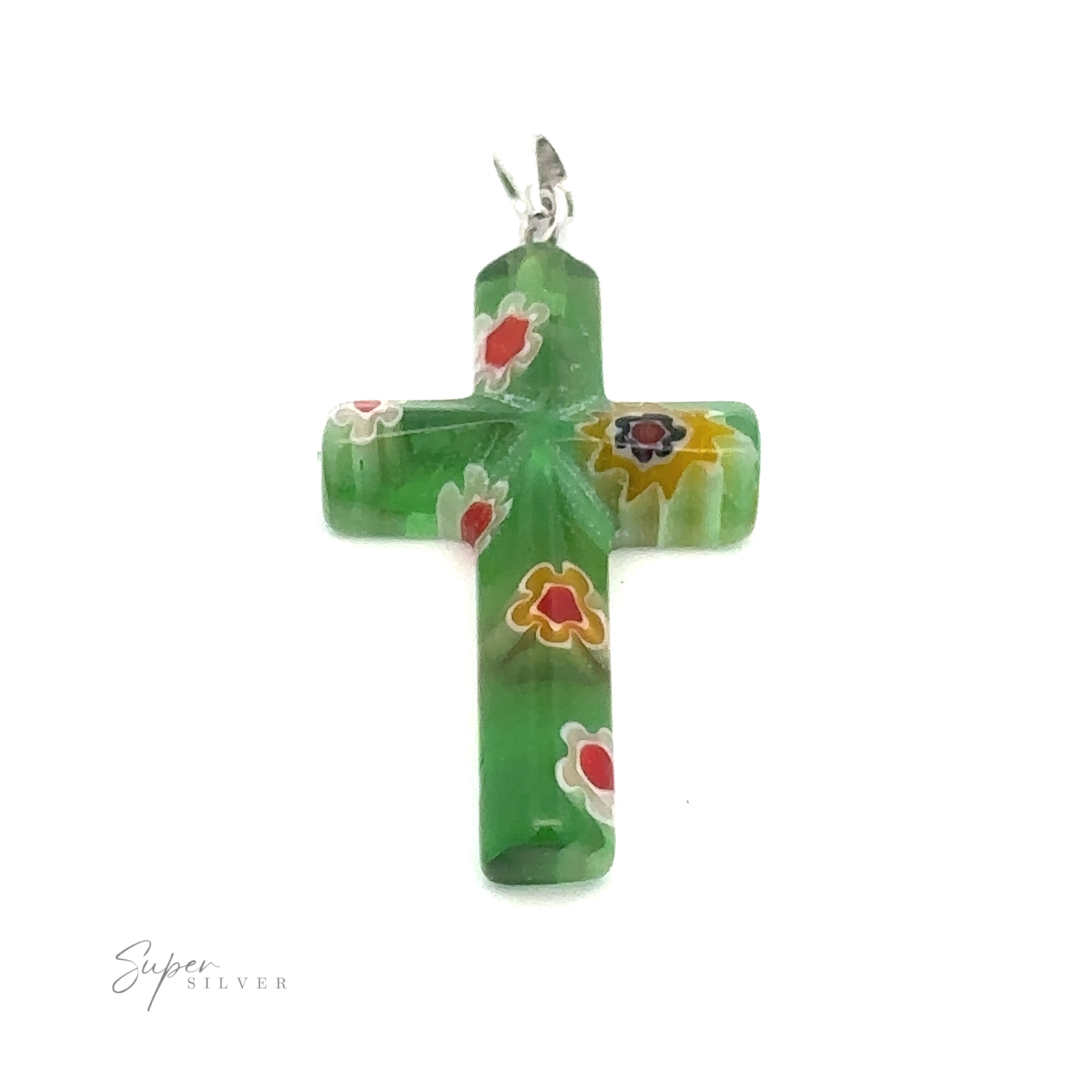 A Cross Pendant with Flower Pattern is shown against a white background. The cross has a silver loop at the top for attaching to a chain.