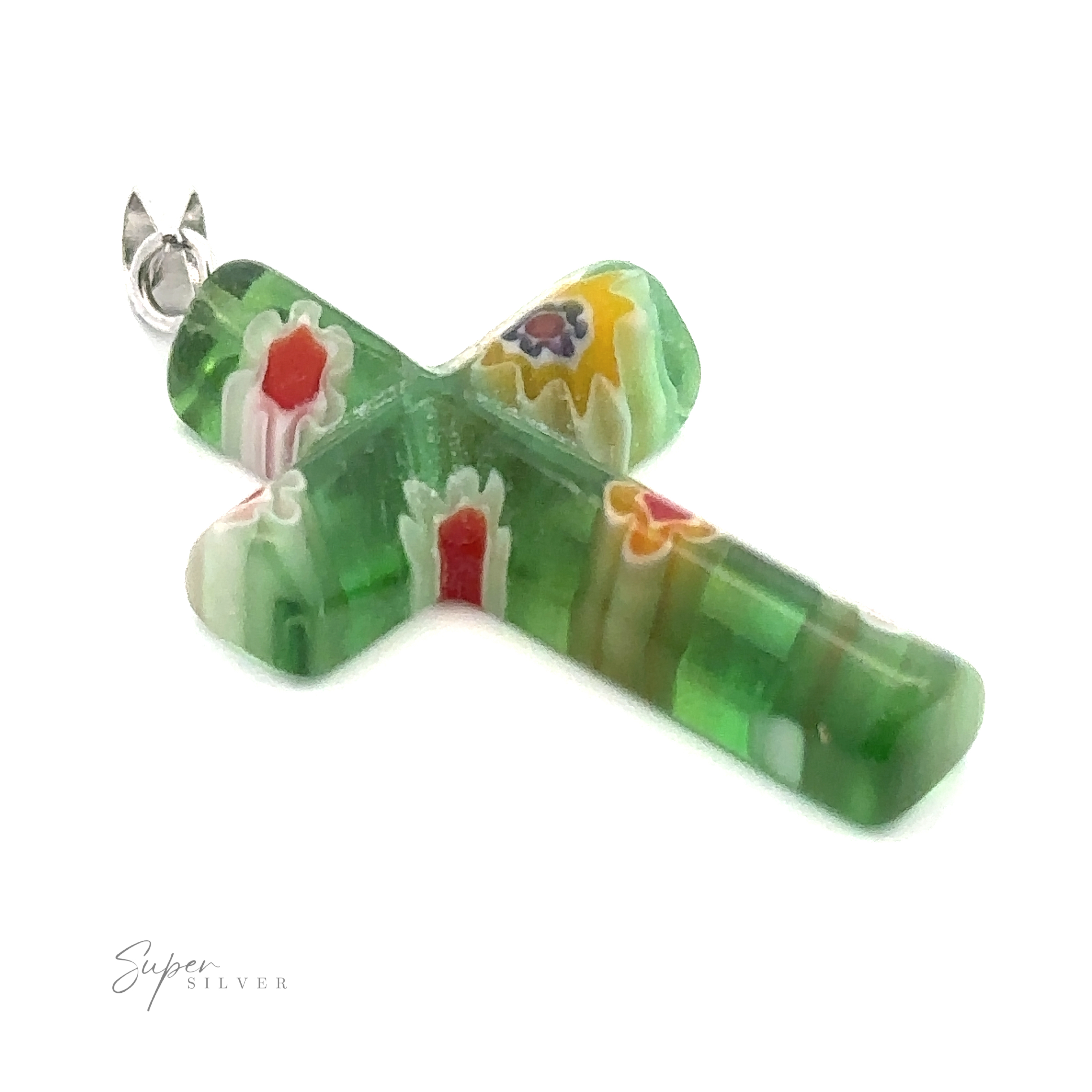 A Cross Pendant with Flower Pattern, featuring a small metal loop at the top for attaching to a necklace. The mixed metals in the design add an extra layer of elegance and charm.