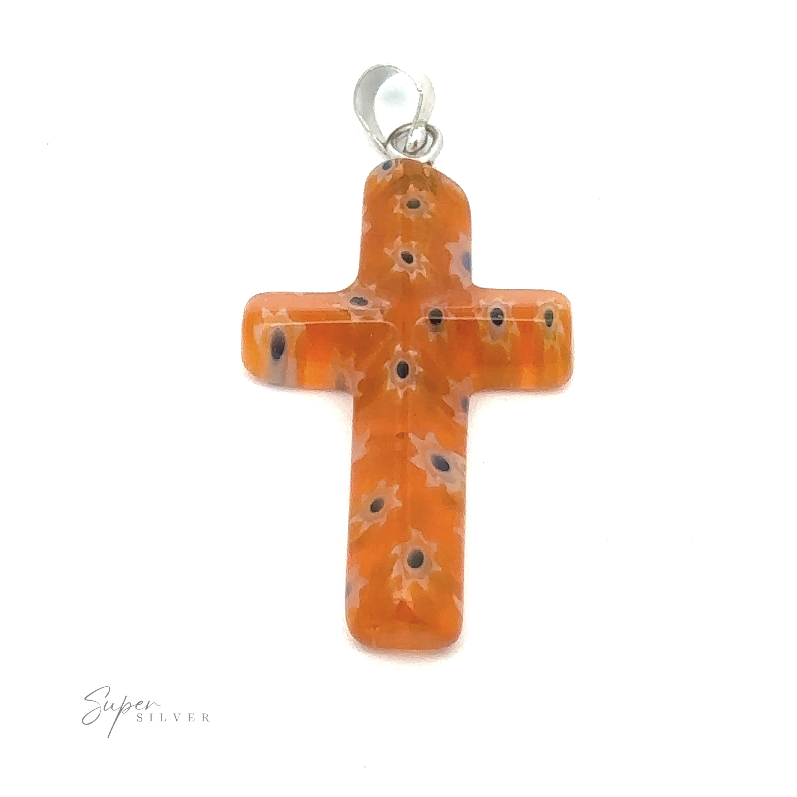 A Cross Pendant with Flower Pattern, featuring a silver loop, an orange surface adorned with a delicate flower pattern and mixed metals.
