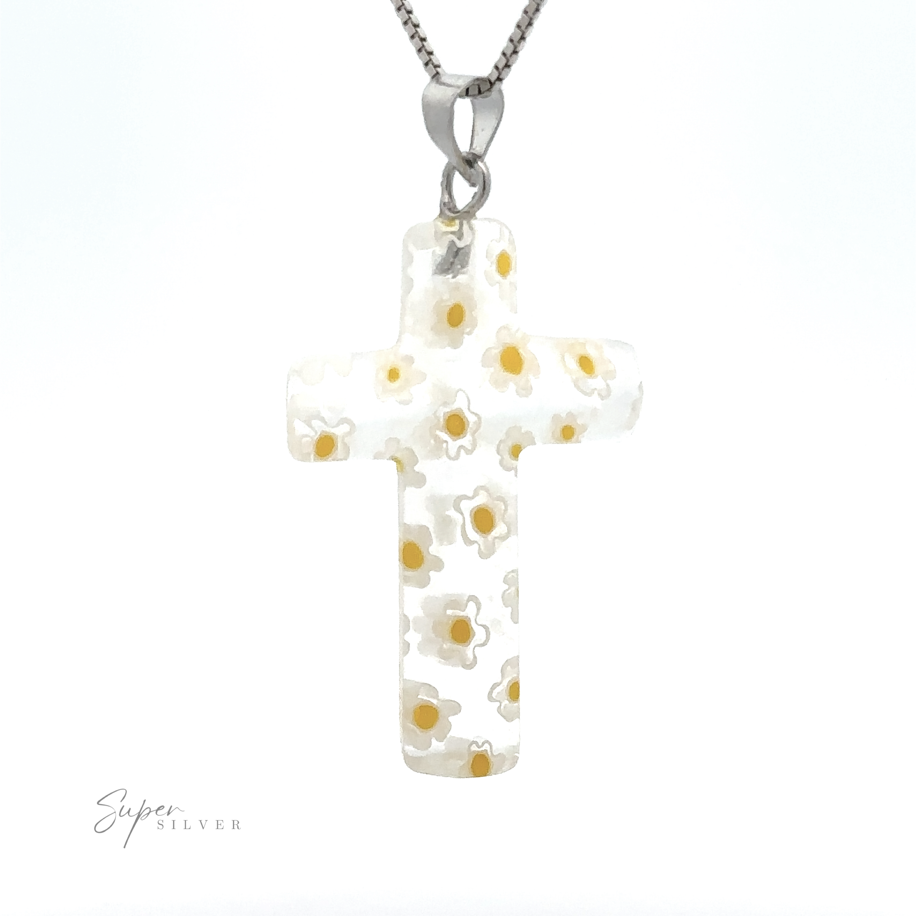 A Cross Pendant with Flower Pattern showcases a beautiful flower pattern with yellow and white blossoms, all elegantly suspended on a mixed metals chain.