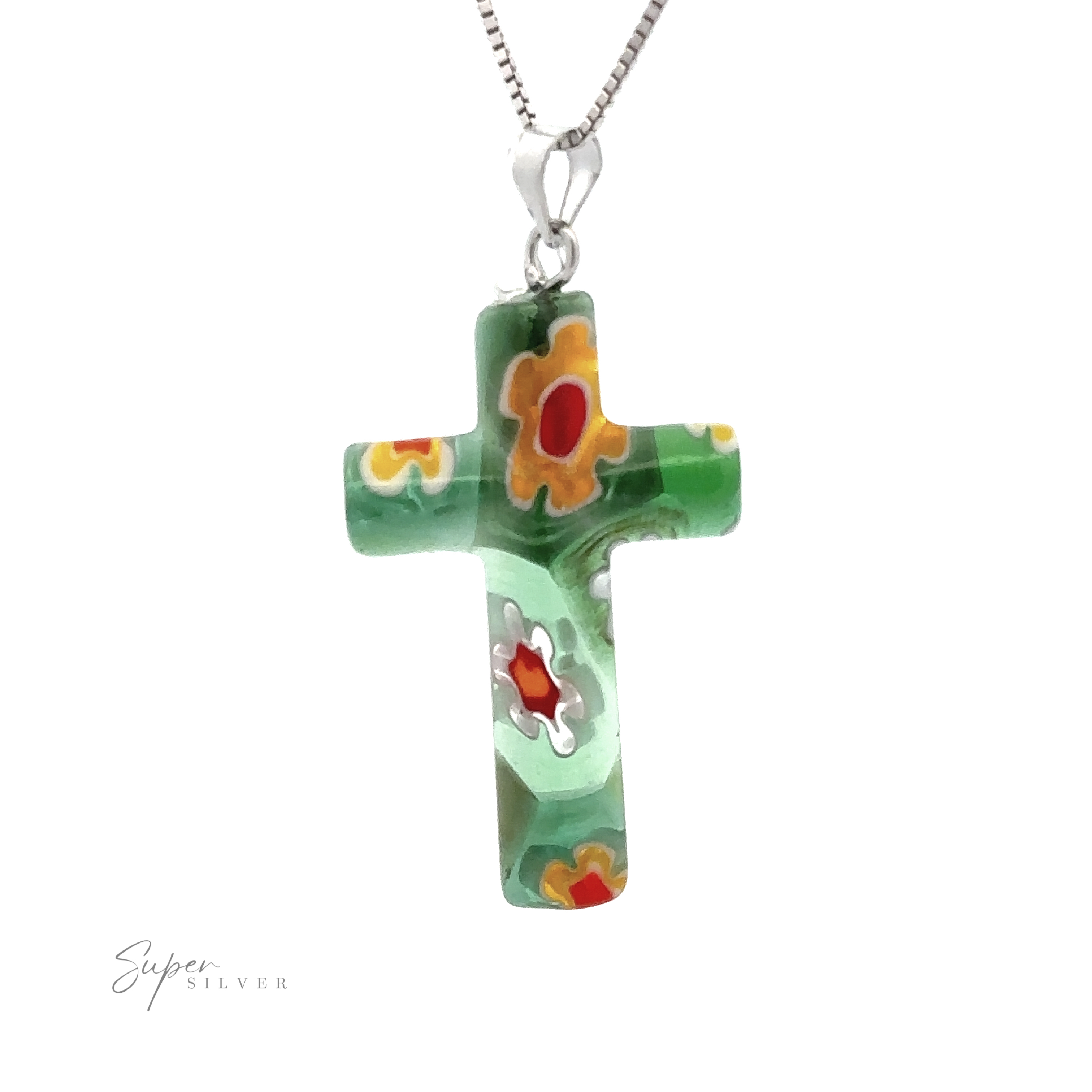 A Cross Pendant with Flower Pattern with a silver chain.
