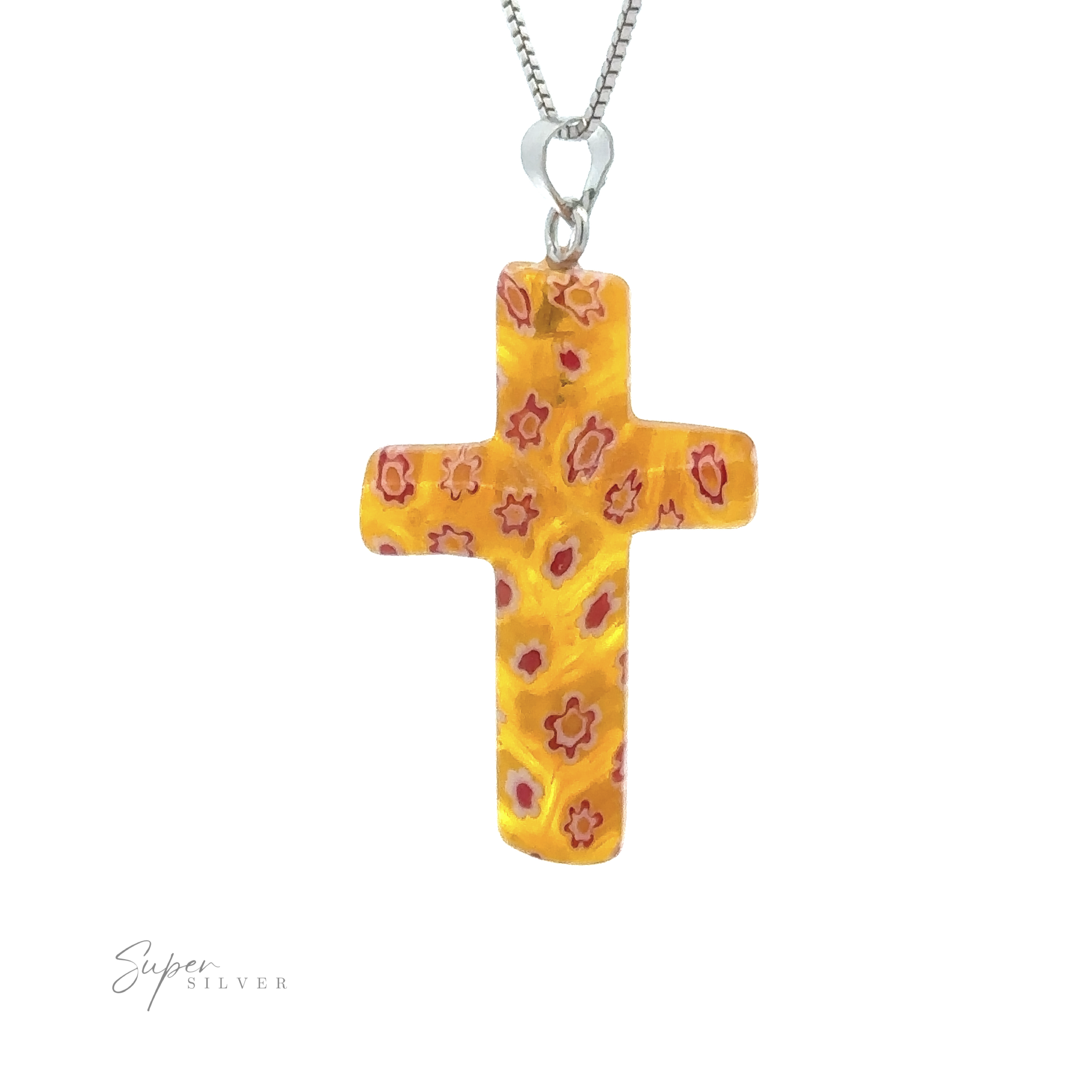 A Cross Pendant with Flower Pattern featuring a delicate floral design, all attached to a silver chain.