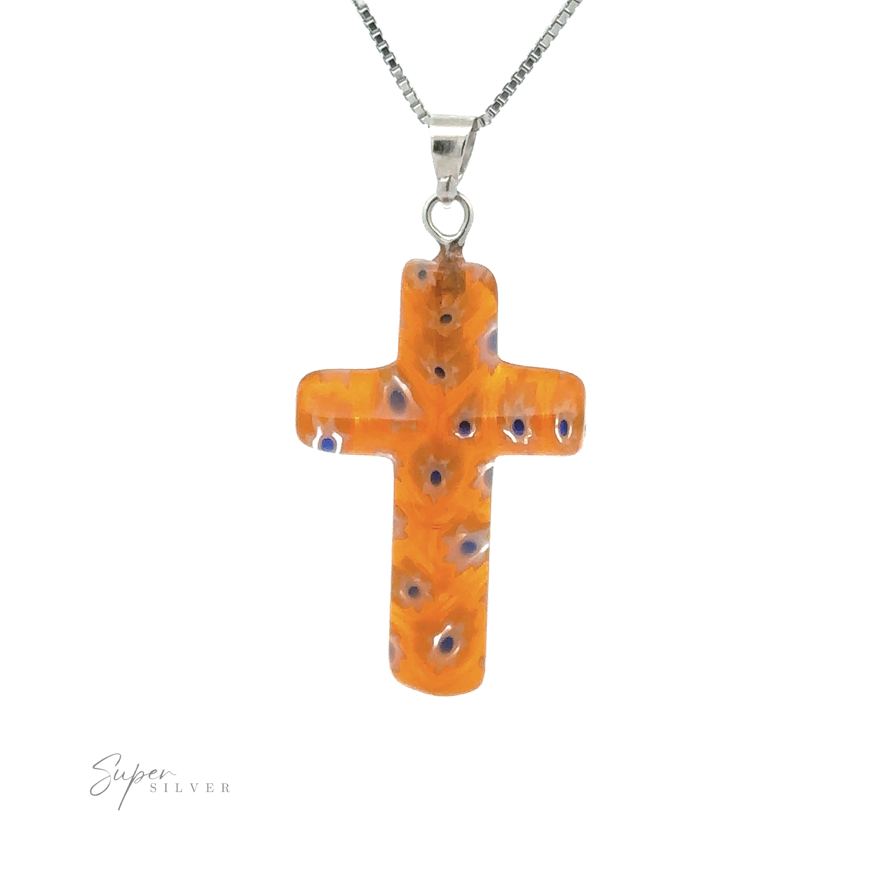 A Cross Pendant with Flower Pattern on a silver chain. The simple box-link chain complements the glossy finish of the translucent resin cross.