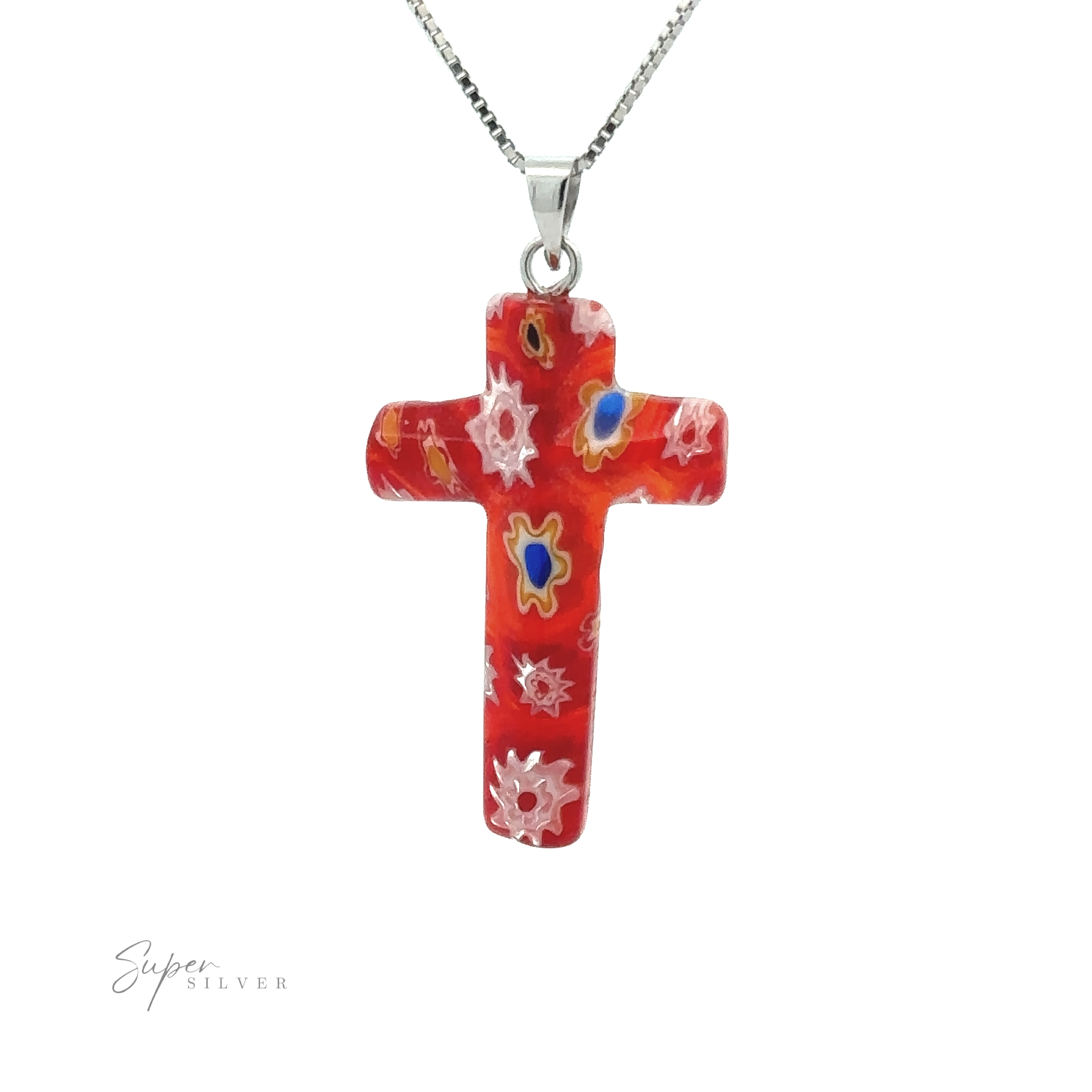 A silver chain necklace with a Cross Pendant with Flower Pattern.