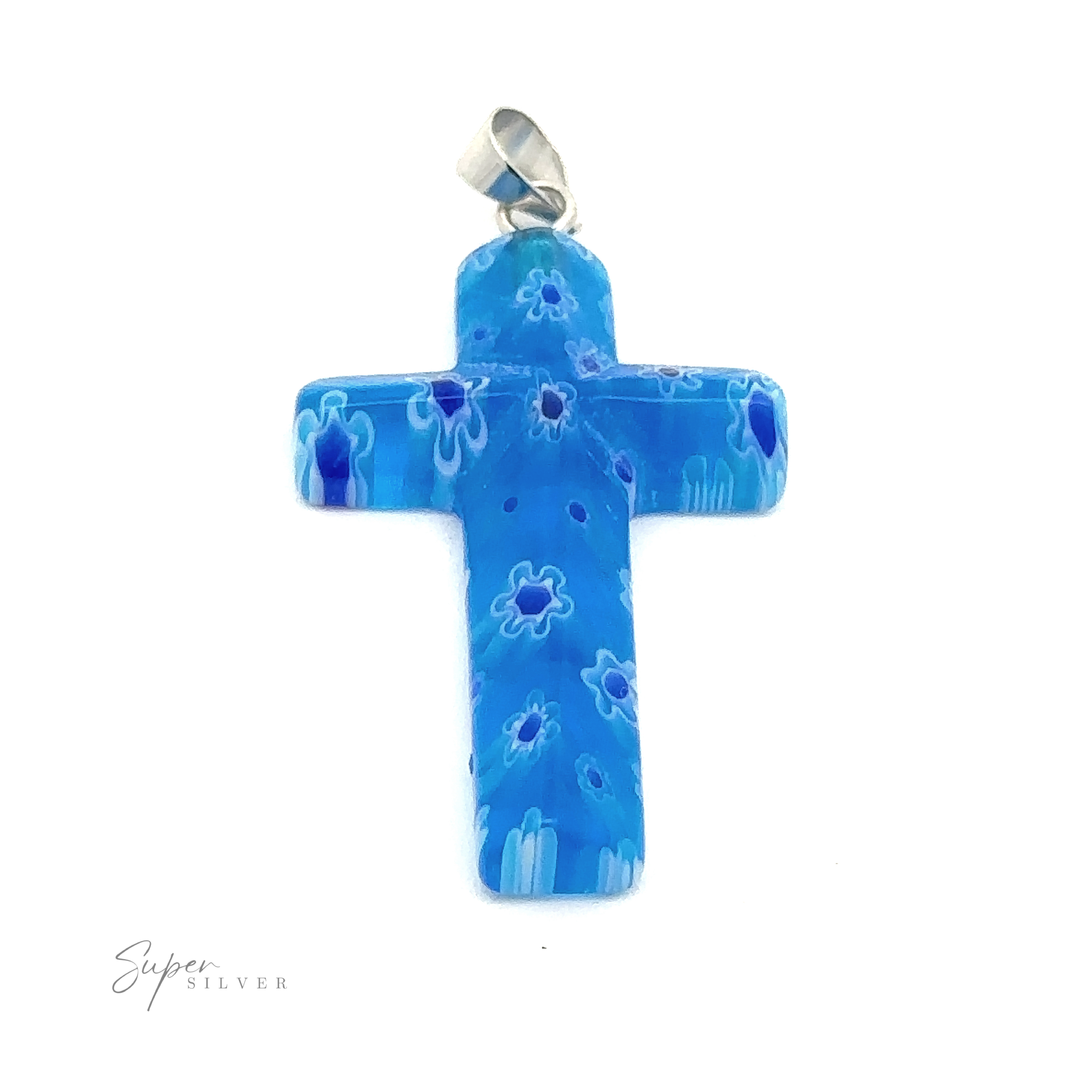 A Cross Pendant with Flower Pattern featuring a flower pattern with floral designs and a silver bail. Text "Super Silver" is visible at the bottom left.