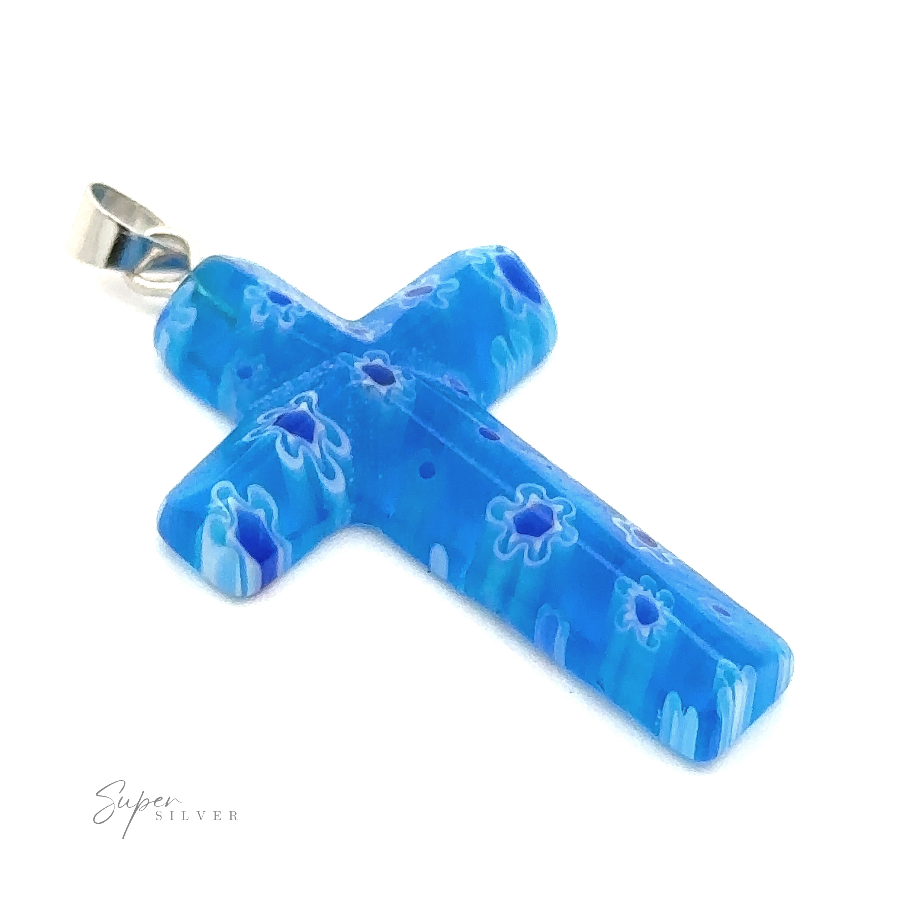 A Cross Pendant with Flower Pattern, mixed metals and a metal bail for attaching to a necklace.