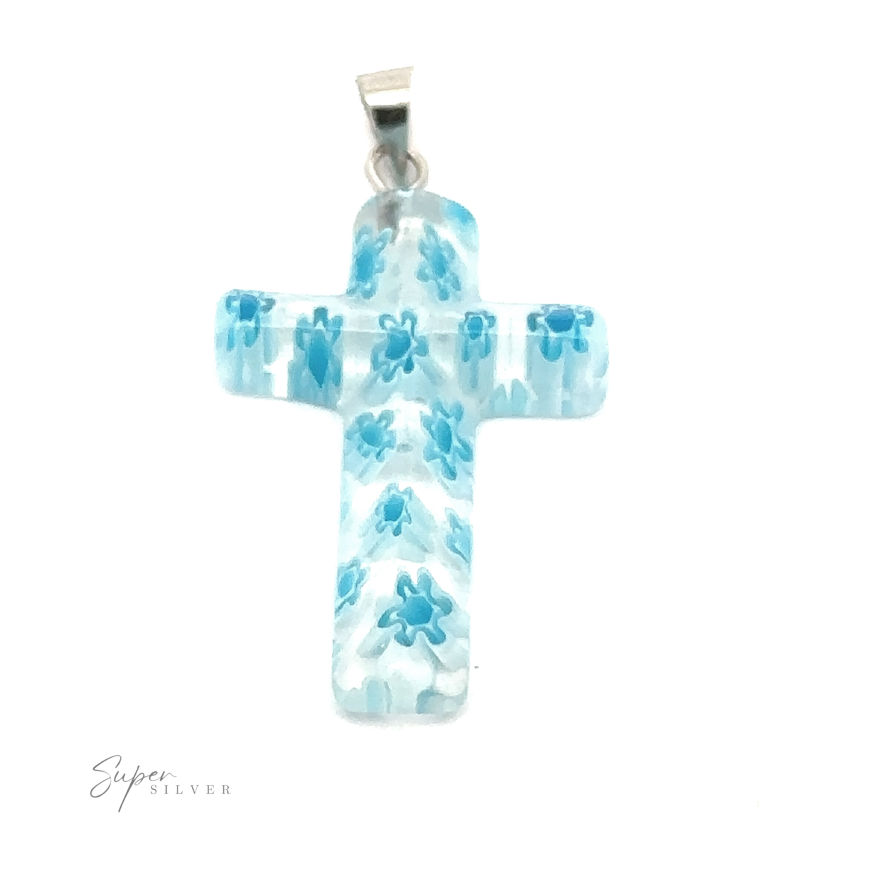 Cross Pendant with Flower Pattern in the shape of a cross with a blue floral design on a white background, made from mixed metals. The pendant features a silver loop for attaching to a necklace.