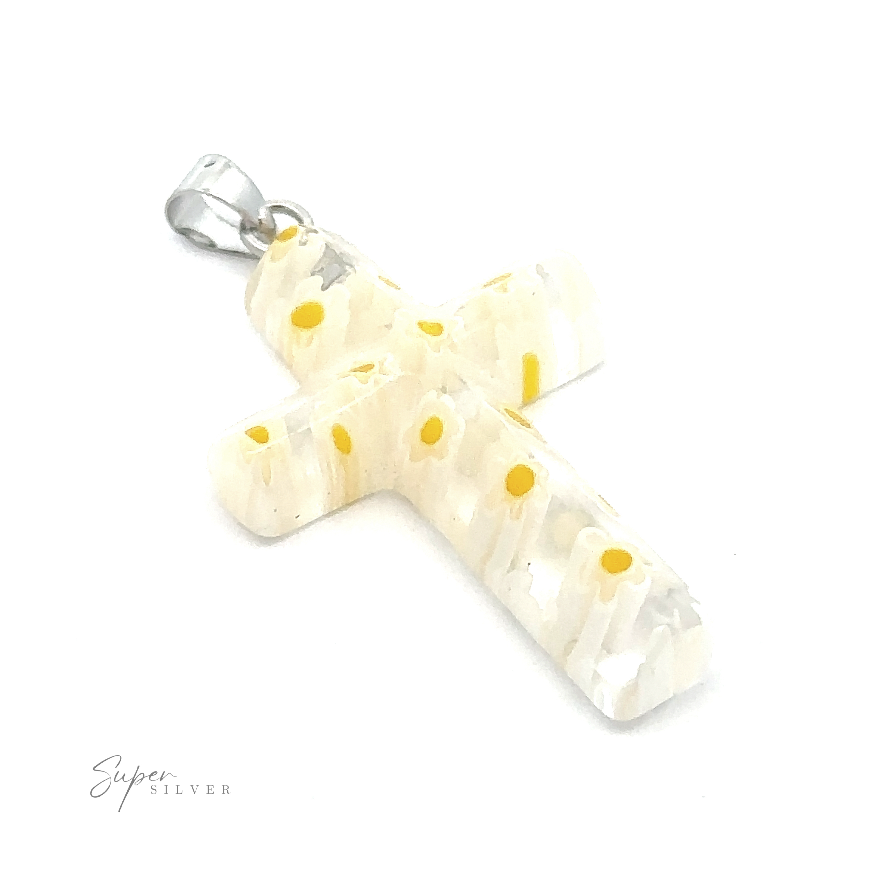 A Cross Pendant with Flower Pattern adorned with yellow flower patterns and a silver bail, placed on a white background.