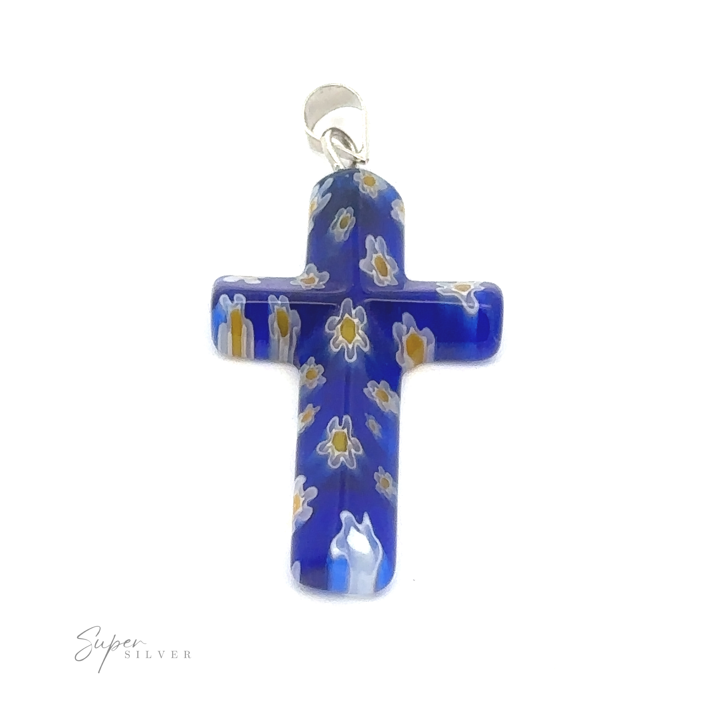 A Cross Pendant with Flower Pattern with a delicate flower pattern and a small loop at the top for attaching to a chain. Crafted from mixed metals, the background is white, featuring a "Super Silver" logo in the bottom left corner.