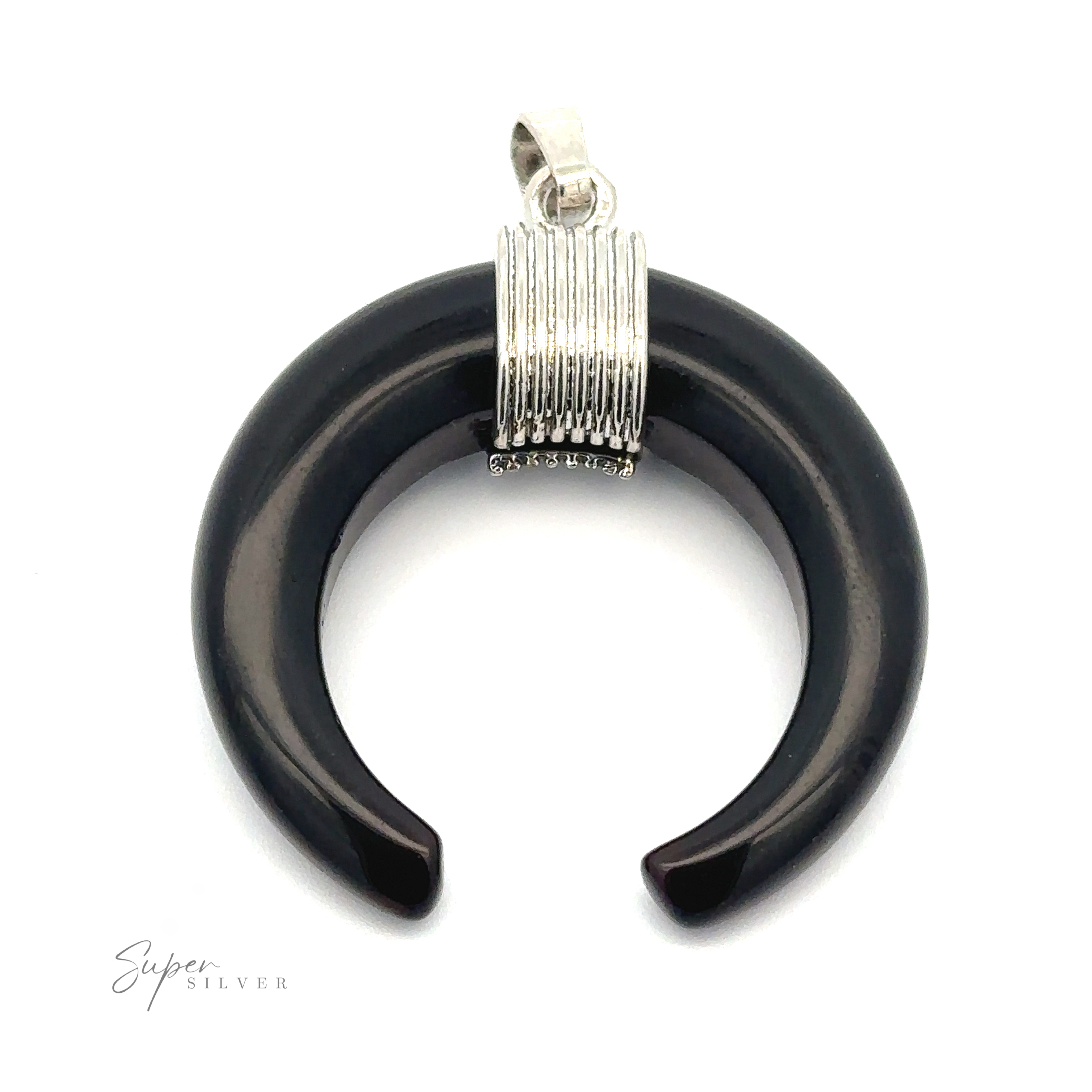 A Naja Stone Pendant in the shape of a crescent, featuring a silver-colored metal clasp at the top, displayed on a white background.