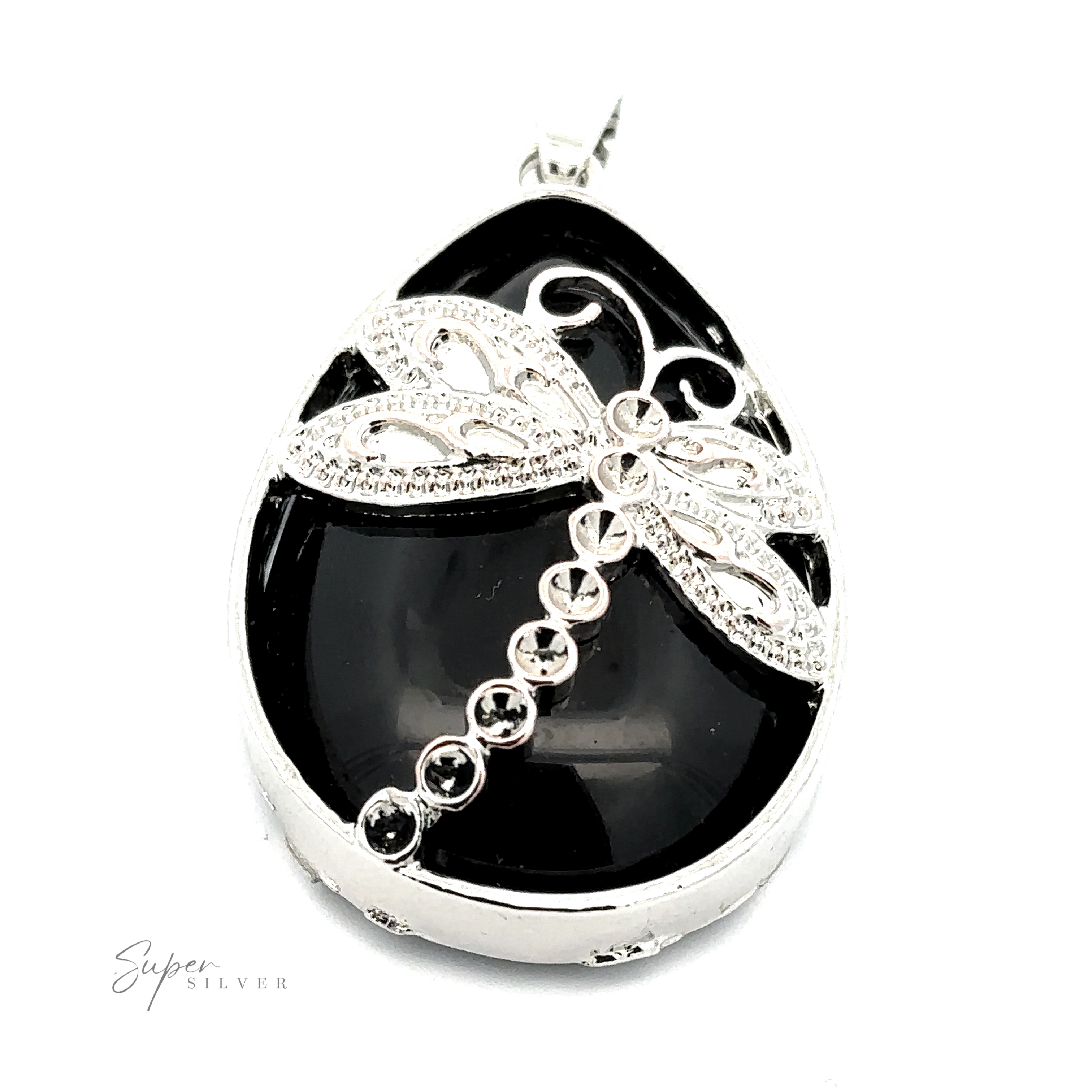 A Teardrop Stone pendant with Dragonfly, featuring a silver dragonfly design in the center. The beauty of mixed metals adds to its allure. The "Super Silver" logo is in the bottom left corner.