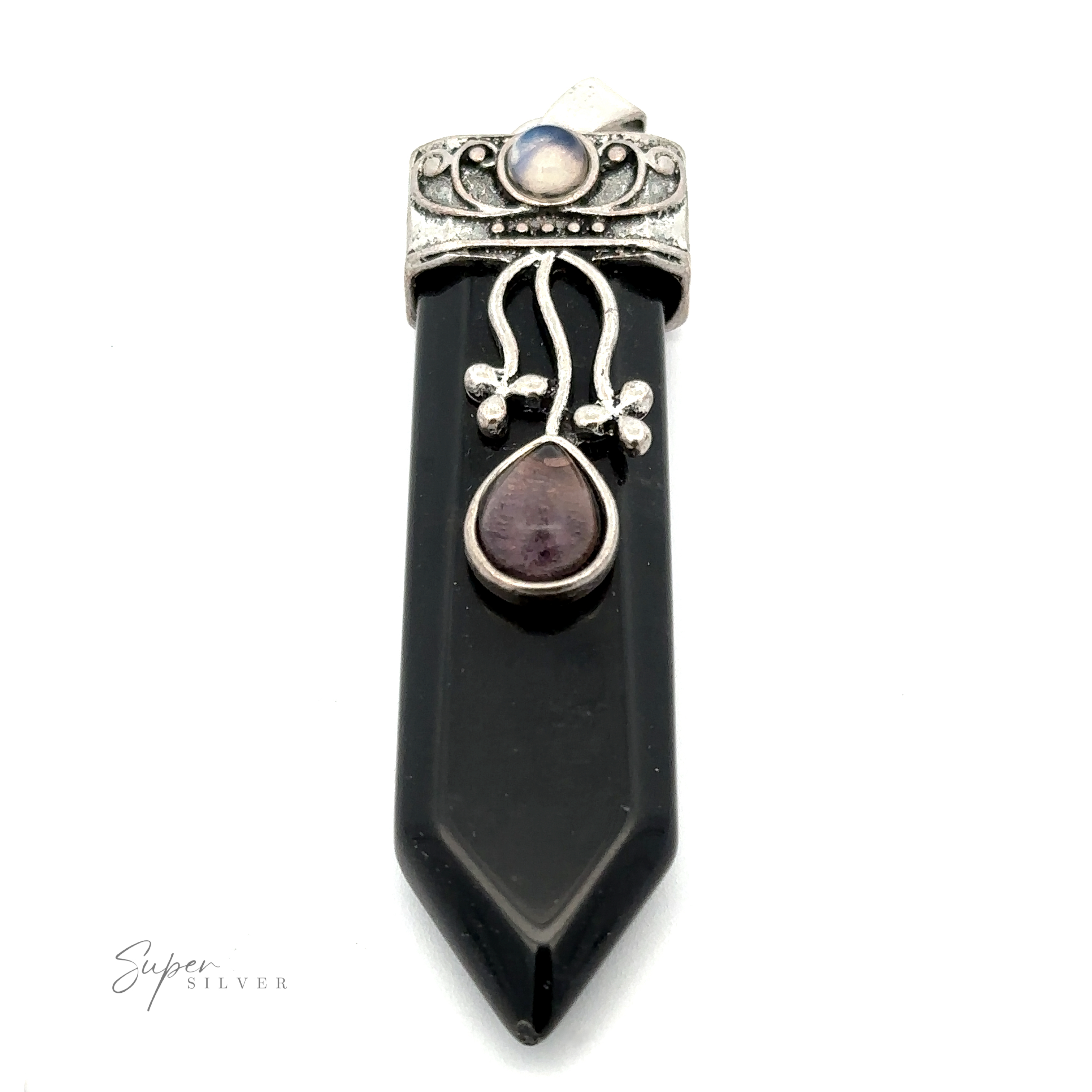 A black gemstone pendant with a pointed tip, adorned with two smaller stones in an ornate silver setting. The upper stone is round Opalite, and the lower stone is a teardrop-shaped Amethyst, giving this Obelisk Crystal Stone Pendant a unique and enchanting charm.