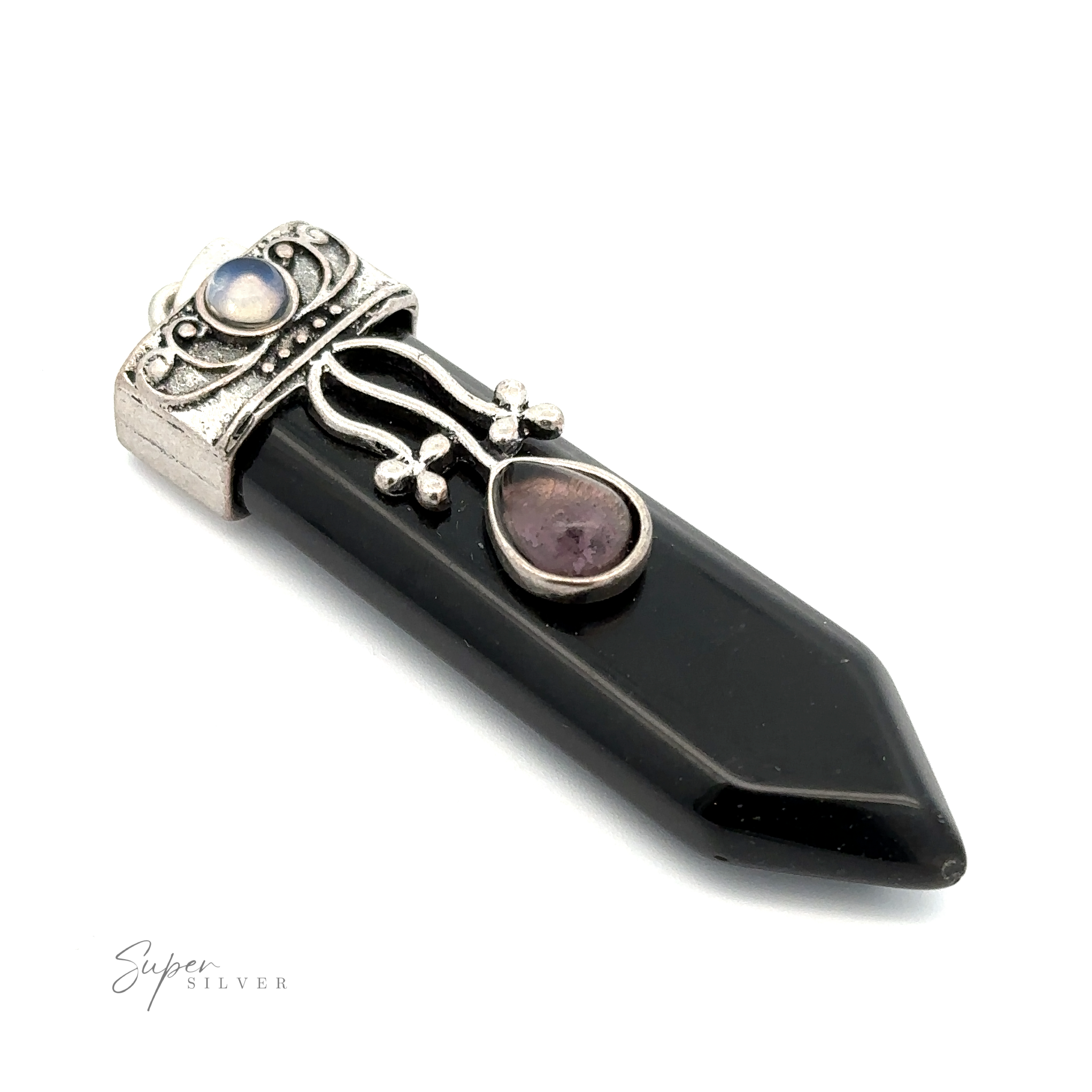 A black gemstone pendant with a silver casing and decorative elements, featuring two smaller gemstones, one at the top and one in the center. This Obelisk Crystal Stone Pendant adds a touch of mystique with its opalite accents.