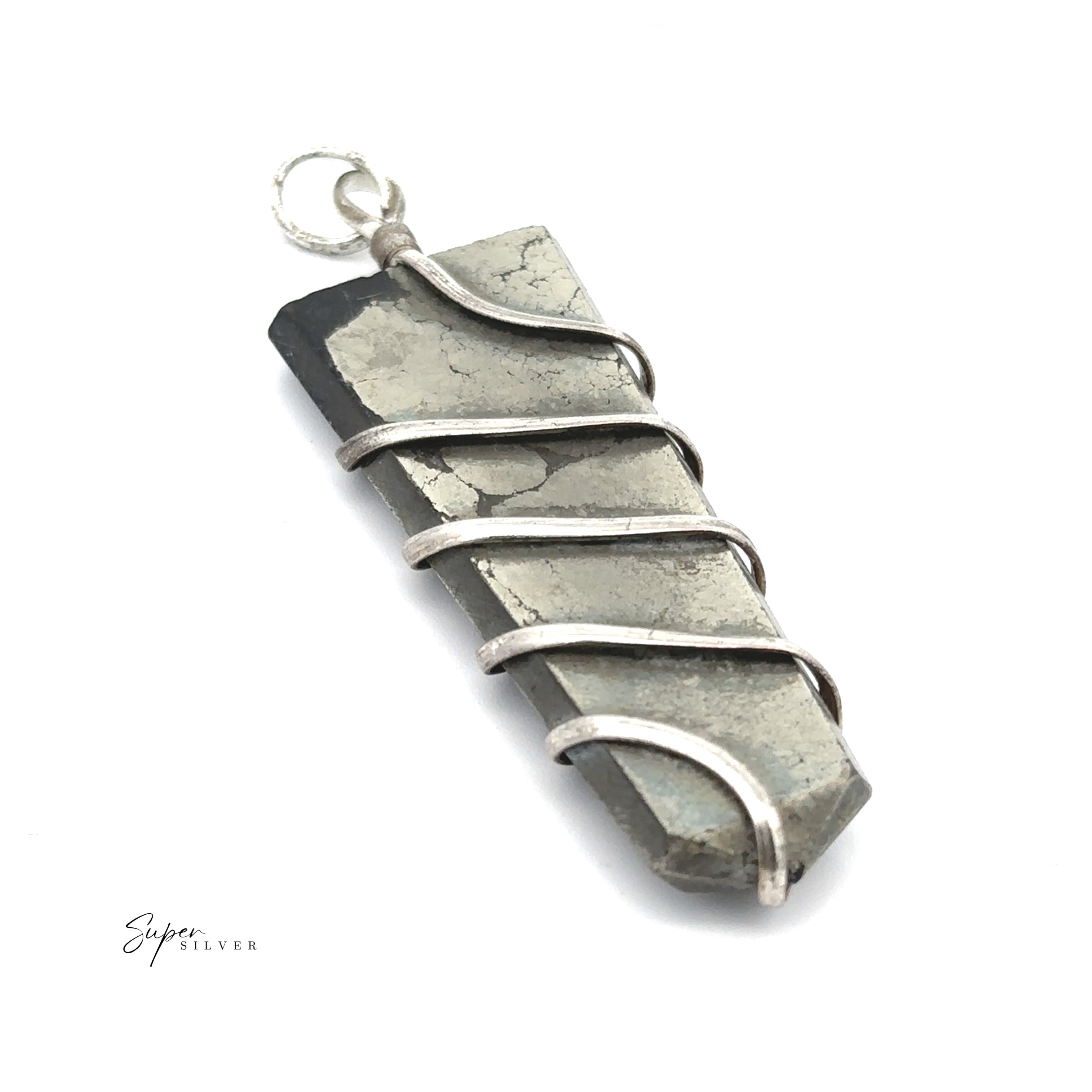 The Wire Wrapped Slab Pendant features a rough metallic stone encased in silver wire, displayed on a white background to highlight its unique artisan gemstone beauty.