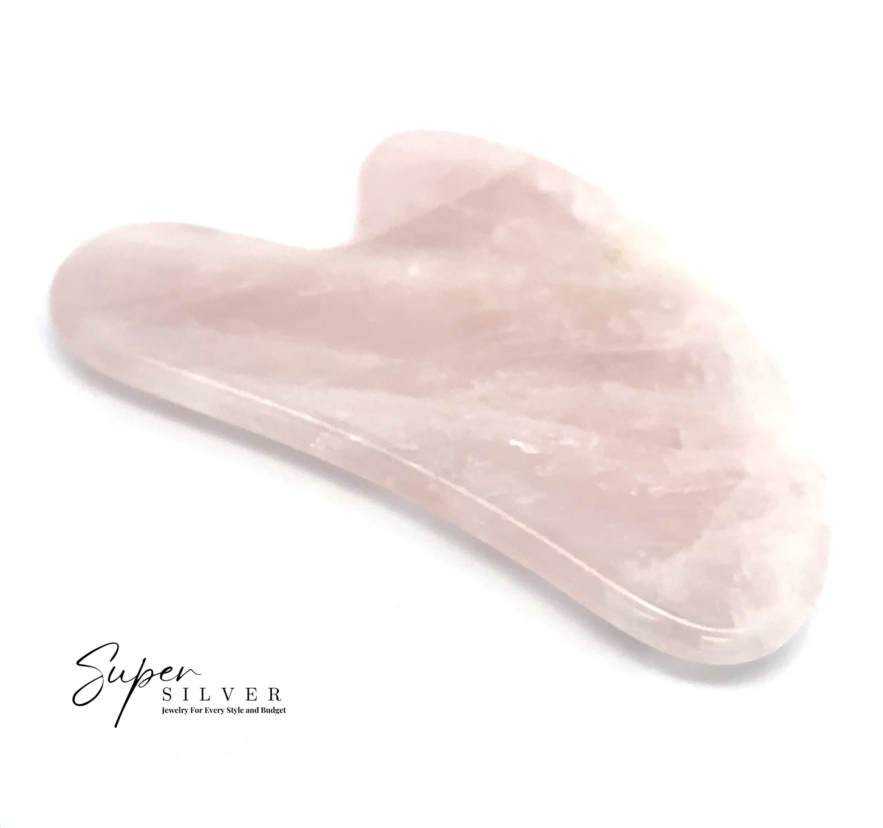 A pink Stone Gua Sha facial massage tool made of genuine gemstones is shown on a white background with the "Super Silver" logo, ideal for elevating your self-care routine.