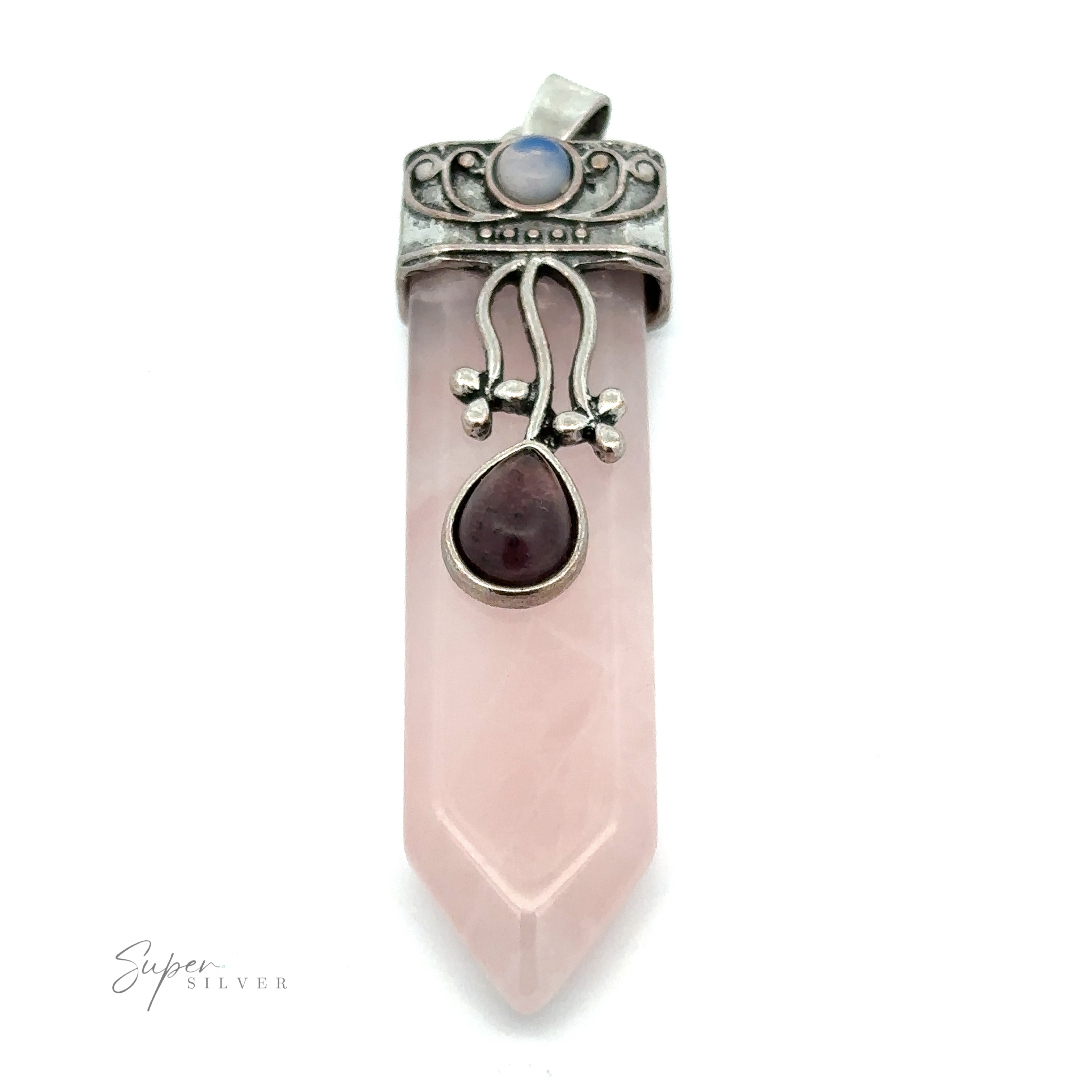 A Boho Obelisk Crystal Stone Pendant with a pink stone point, adorned with silver details and additional smaller stones, featuring a hook for attachment. The inscription reads "Super Silver.