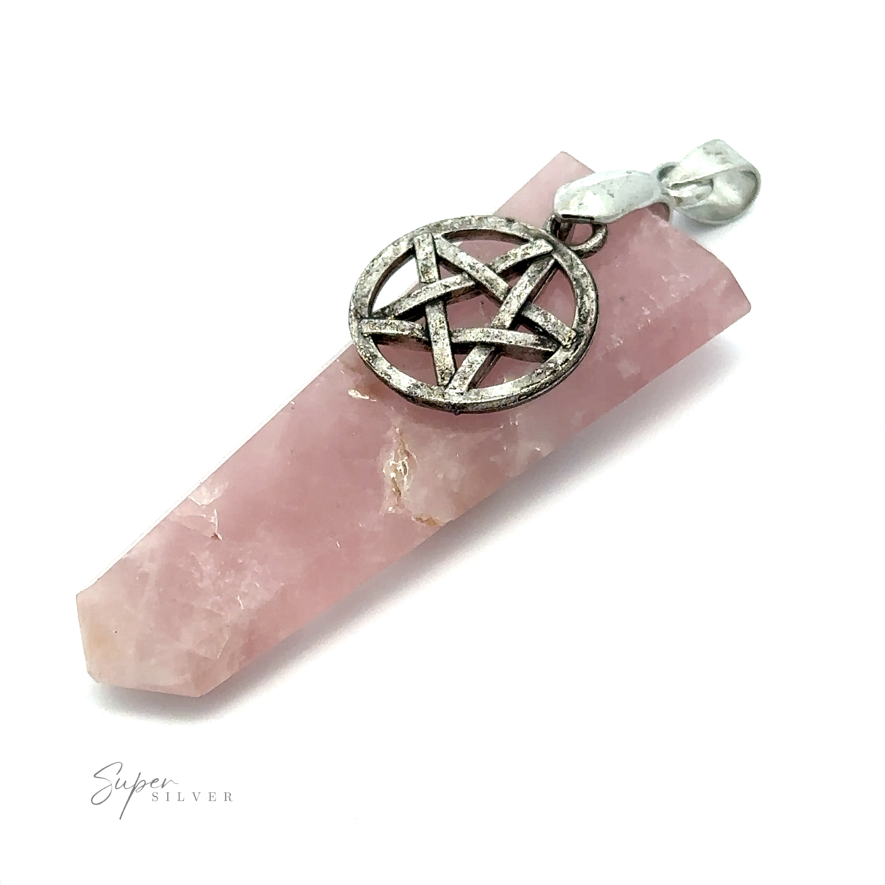 A Pentagram Stone Slab Pendant with a silver pentagram charm attached at the top, marked with "Super Silver.