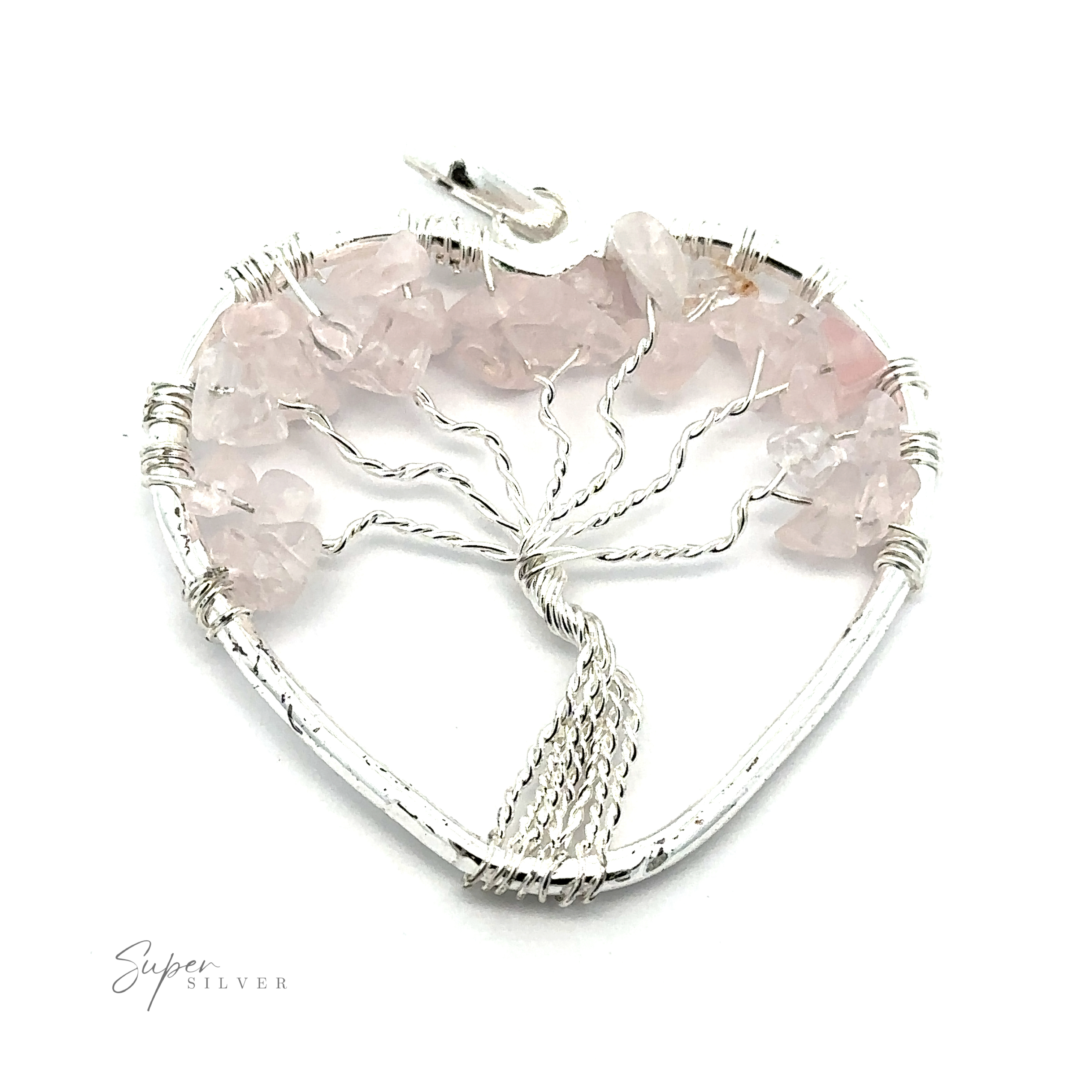 Heart Shaped Tree of Life Pendant with intricate wire detailing forming the Tree of Life, adorned with light pink gemstone chips and raw stone beads.