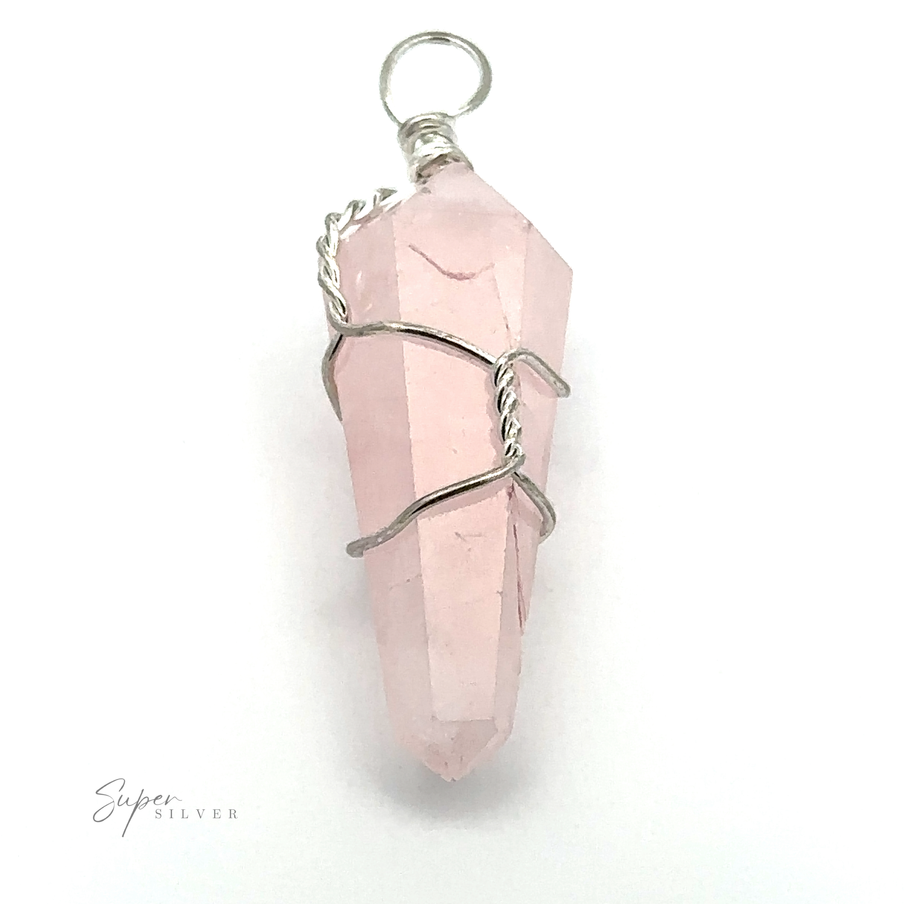 A Wire-Wrapped Stone Pendant wrapped with silver wire, featuring a pink crystal obelisk-shaped gemstone with a pointed end and a circular ring at the top for attaching to a chain.